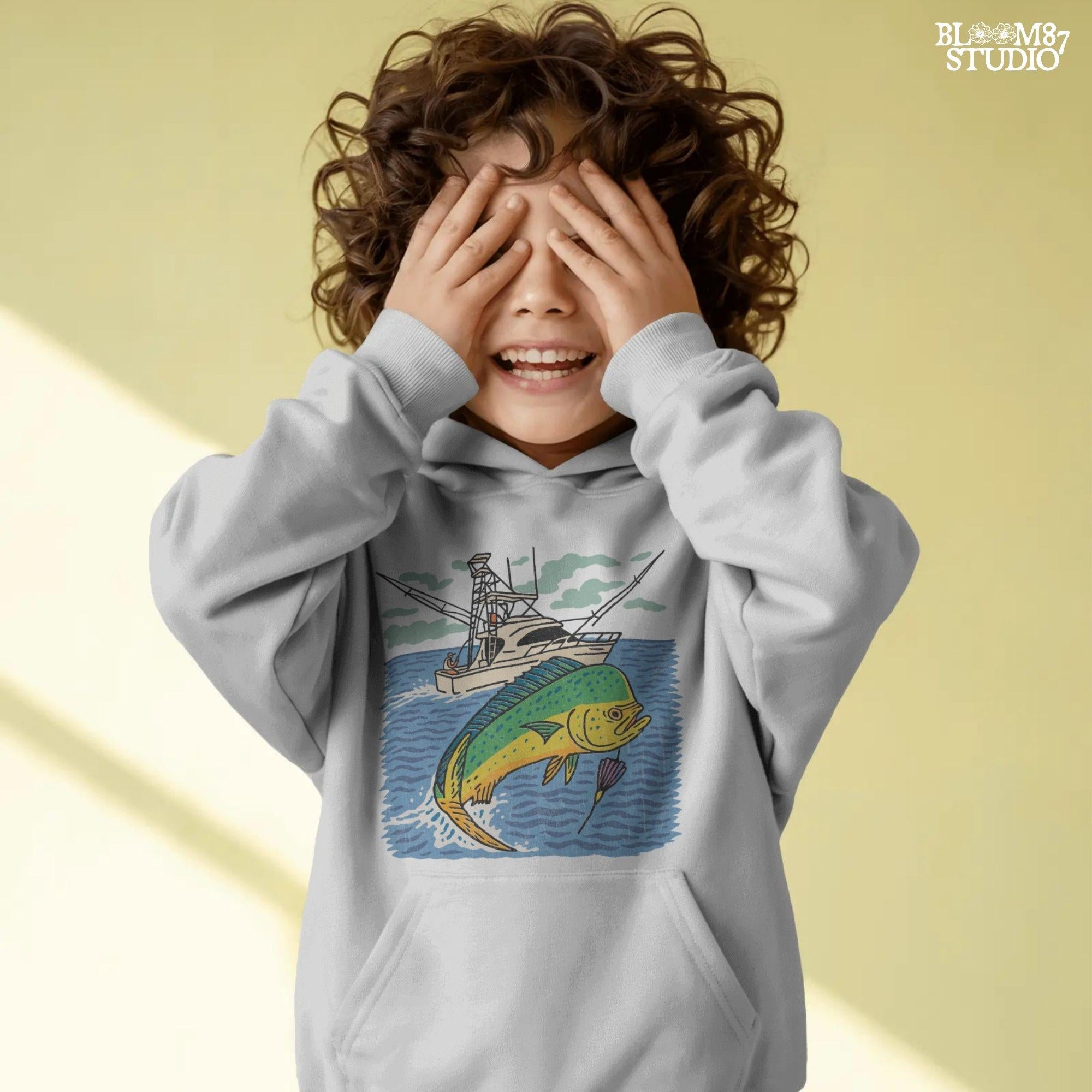 Colorful hand-drawn illustration of a mahi-mahi fish jumping in front of a sport fishing boat on the ocean, designed for sublimation and fishing-themed products.