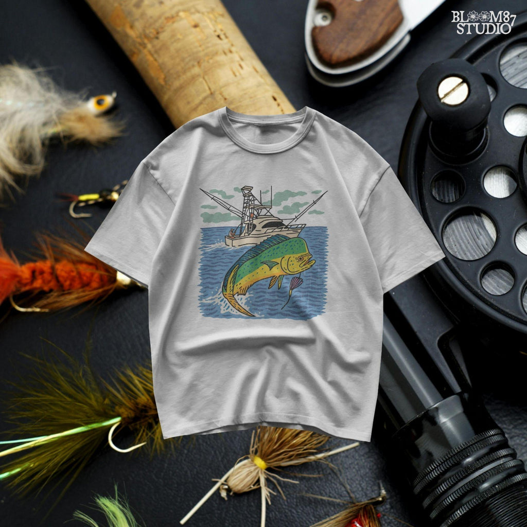 Colorful hand-drawn illustration of a mahi-mahi fish jumping in front of a sport fishing boat on the ocean, designed for sublimation and fishing-themed products.