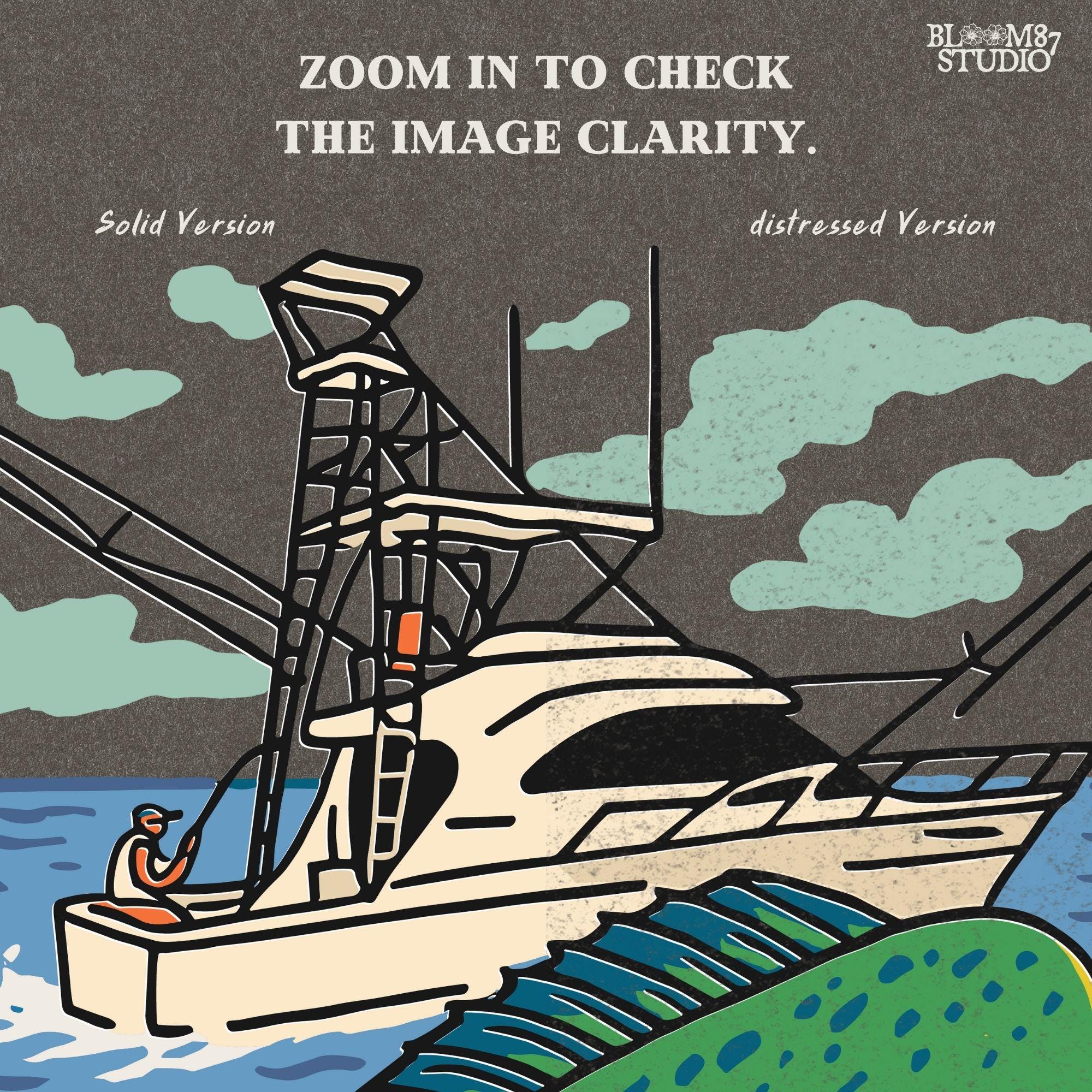 Colorful hand-drawn illustration of a mahi-mahi fish jumping in front of a sport fishing boat on the ocean, designed for sublimation and fishing-themed products.