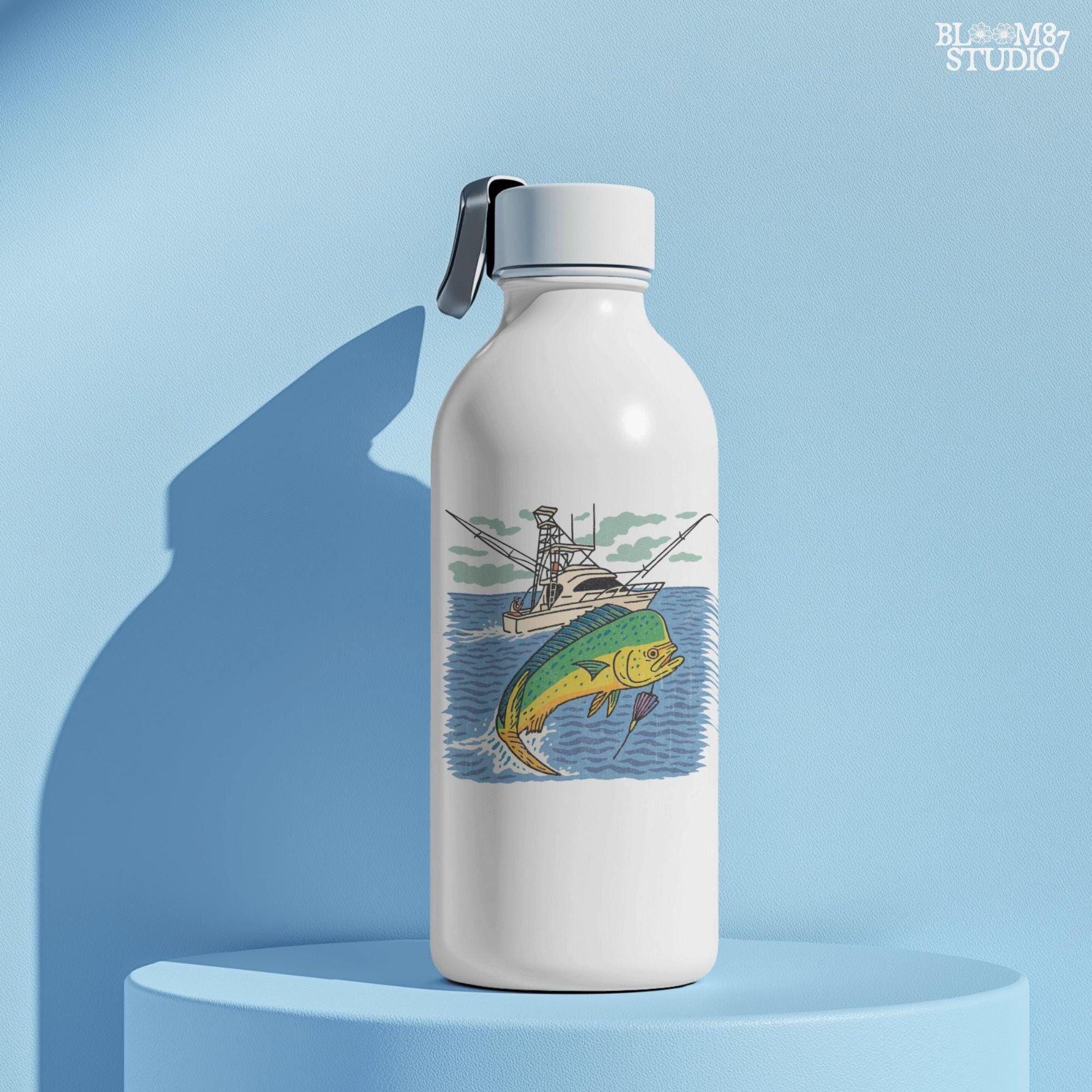 Colorful hand-drawn illustration of a mahi-mahi fish jumping in front of a sport fishing boat on the ocean, designed for sublimation and fishing-themed products.