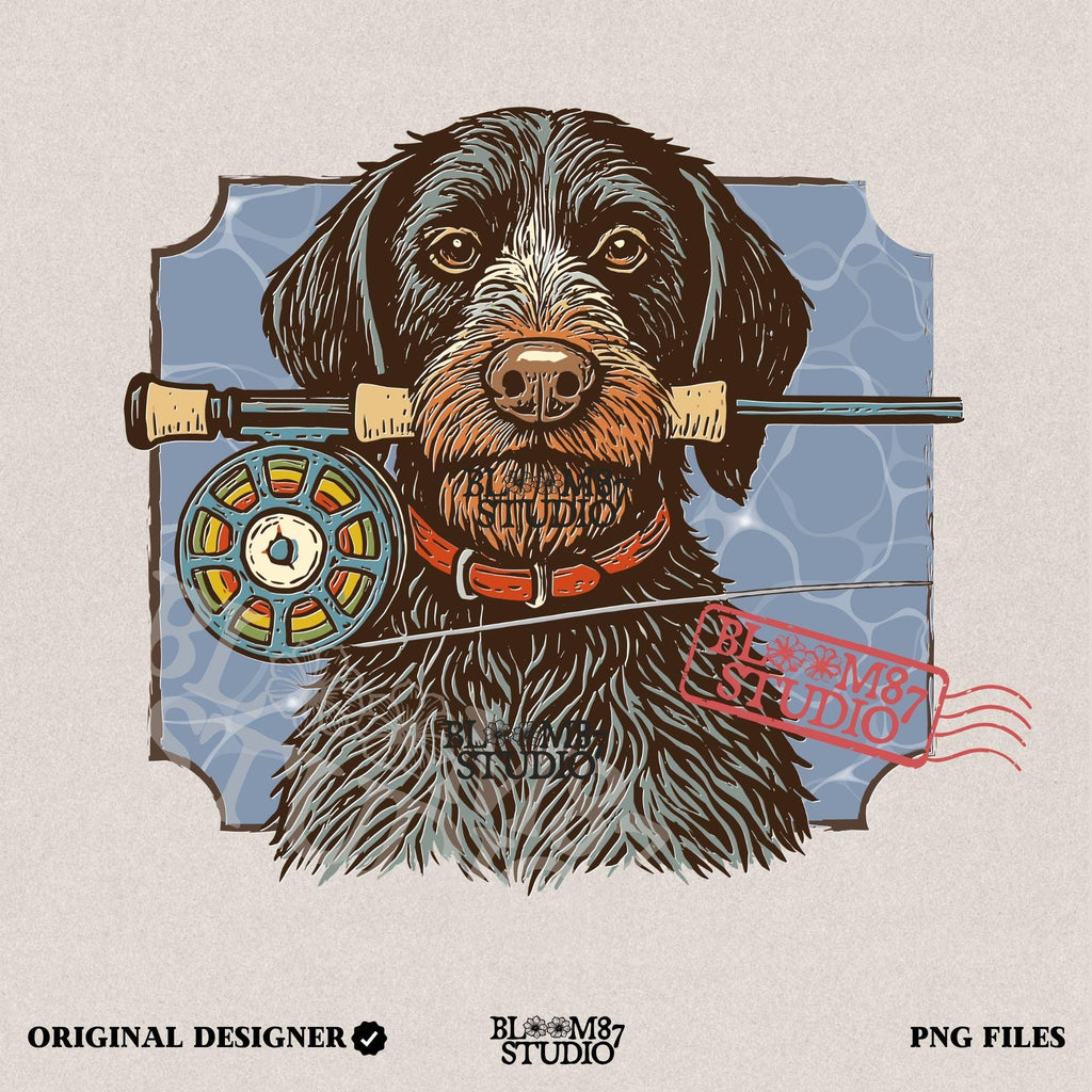 Vintage illustration of a German Wirehaired Pointer dog holding a fly fishing rod in its mouth, designed for sublimation and outdoor-themed projects.