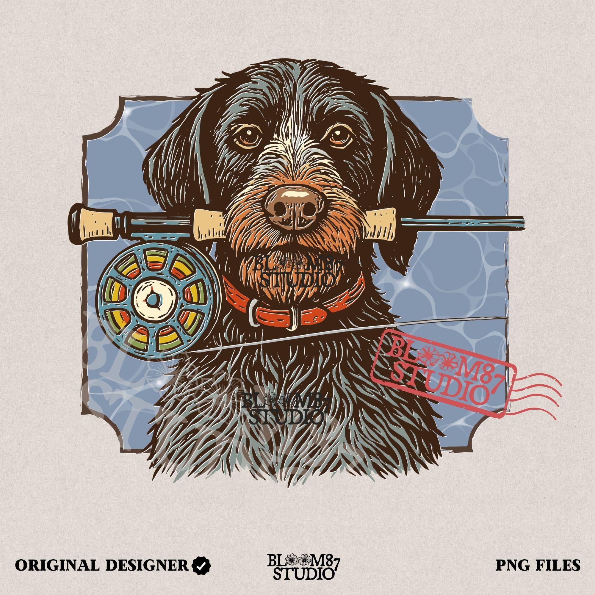 Vintage illustration of a German Wirehaired Pointer dog holding a fly fishing rod in its mouth, designed for sublimation and outdoor-themed projects.