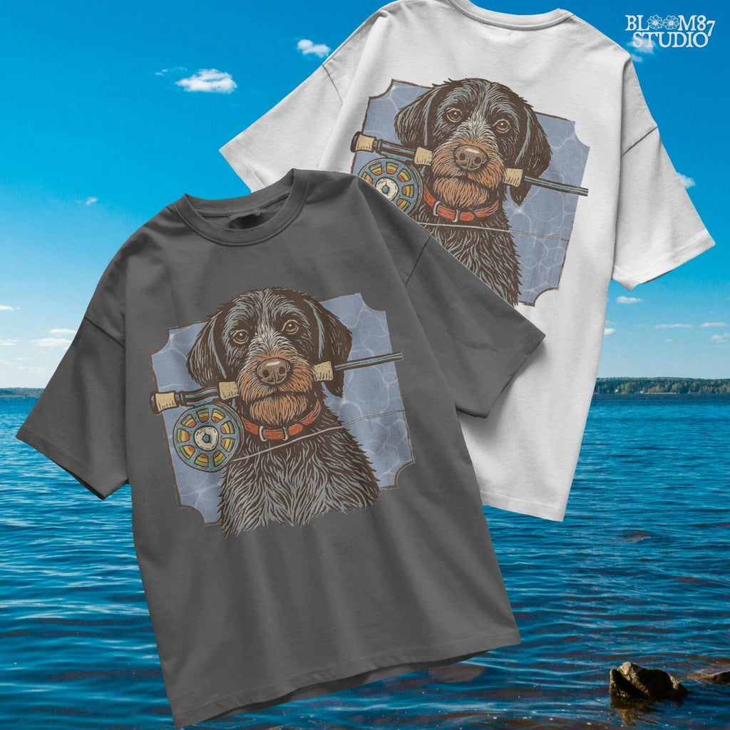 Vintage illustration of a German Wirehaired Pointer dog holding a fly fishing rod in its mouth, designed for sublimation and outdoor-themed projects.