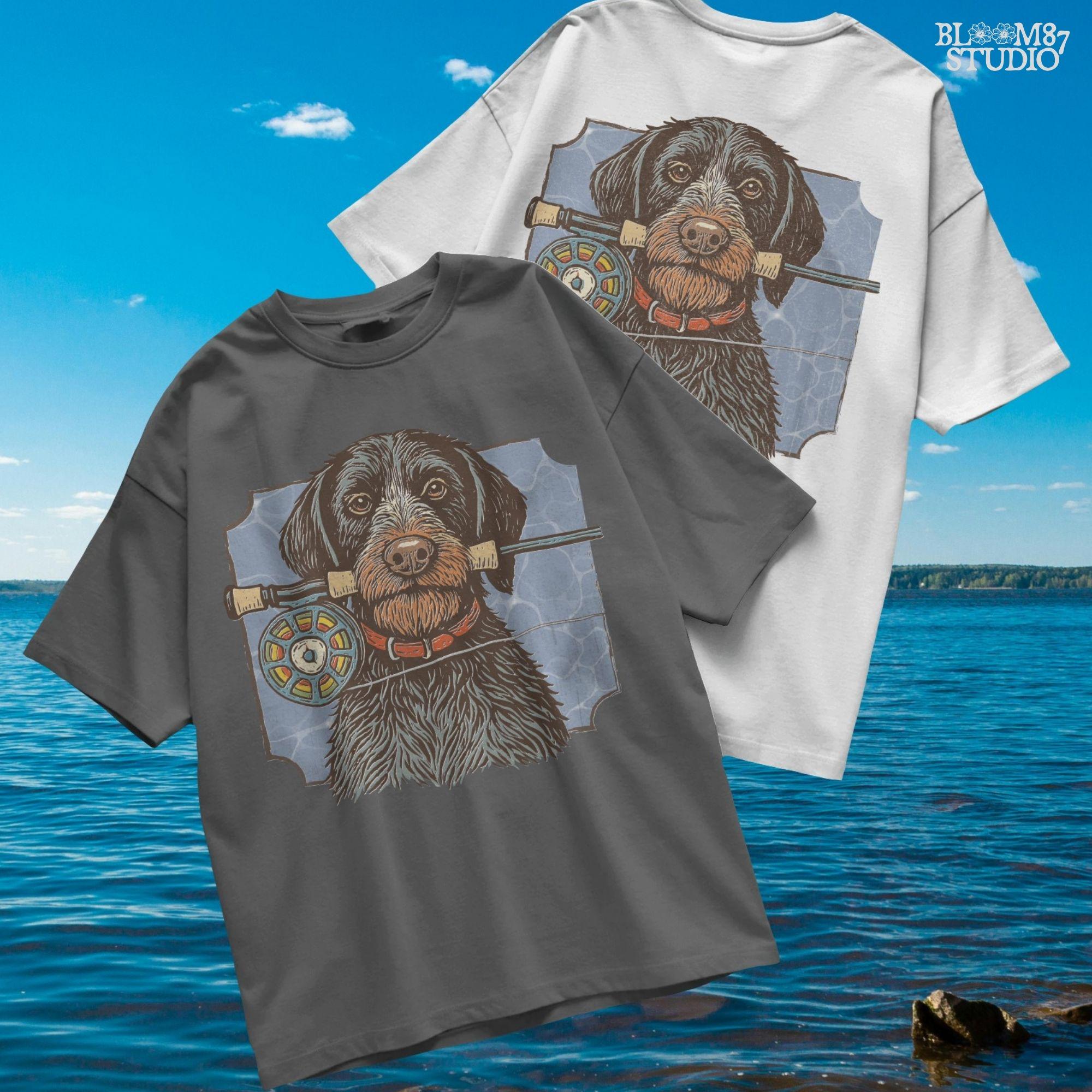 Vintage illustration of a German Wirehaired Pointer dog holding a fly fishing rod in its mouth, designed for sublimation and outdoor-themed projects.