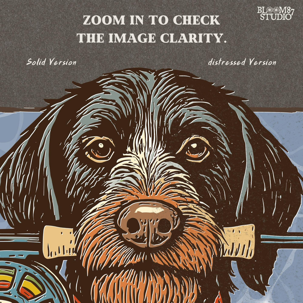 Vintage illustration of a German Wirehaired Pointer dog holding a fly fishing rod in its mouth, designed for sublimation and outdoor-themed projects.