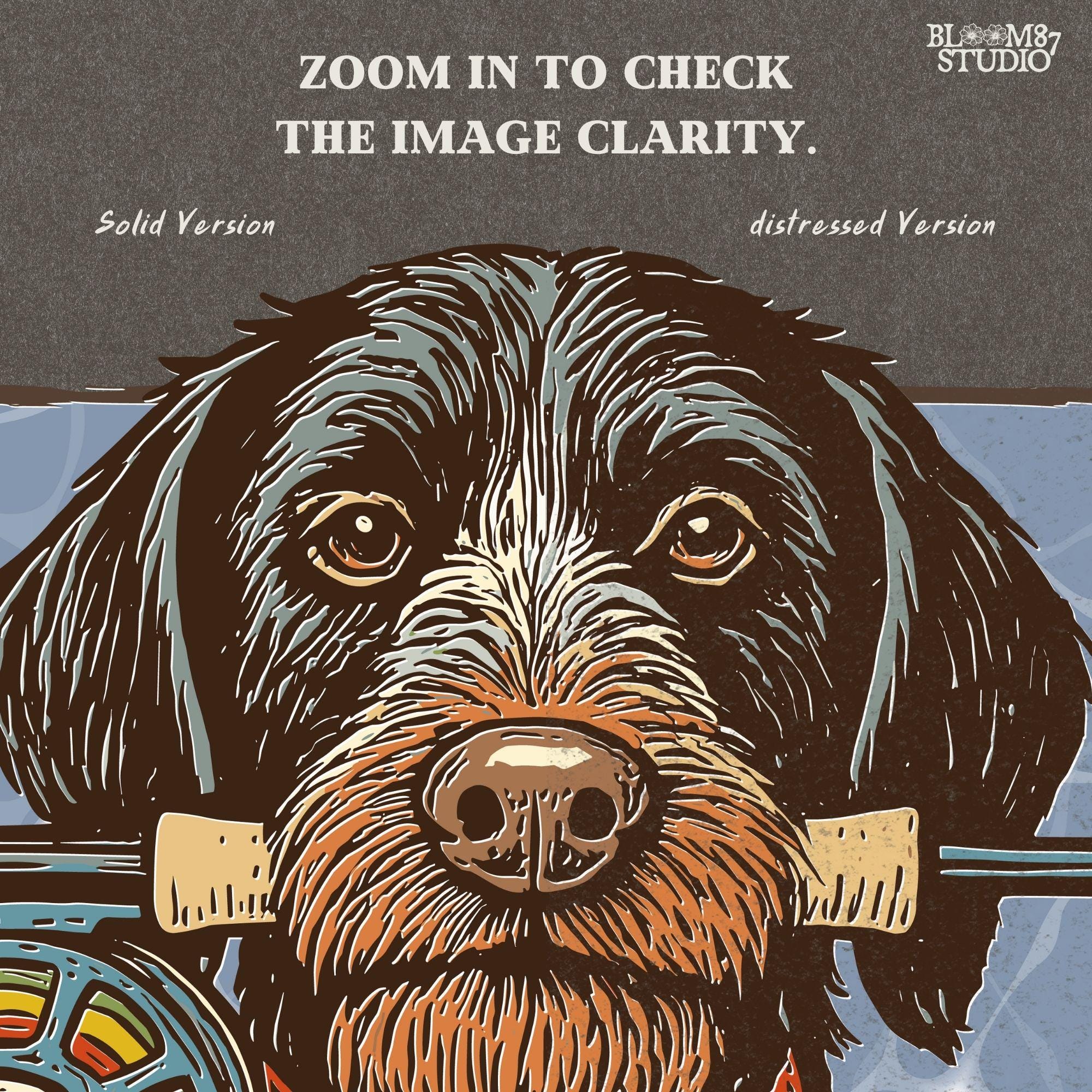 Vintage illustration of a German Wirehaired Pointer dog holding a fly fishing rod in its mouth, designed for sublimation and outdoor-themed projects.