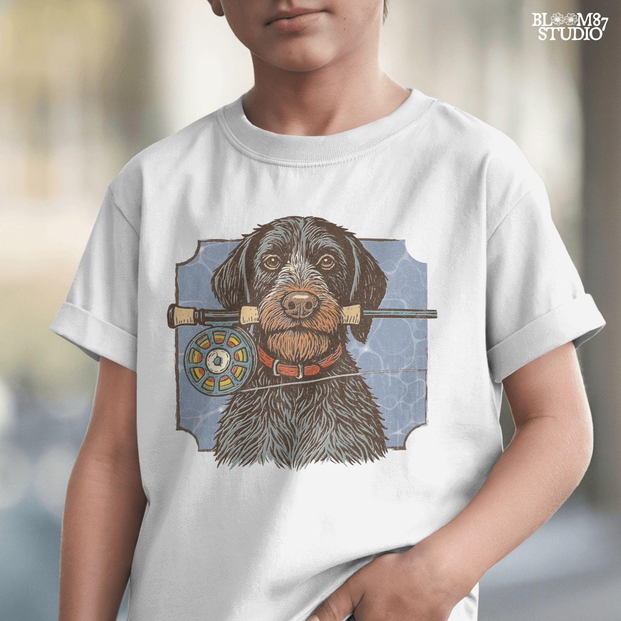 Vintage illustration of a German Wirehaired Pointer dog holding a fly fishing rod in its mouth, designed for sublimation and outdoor-themed projects.