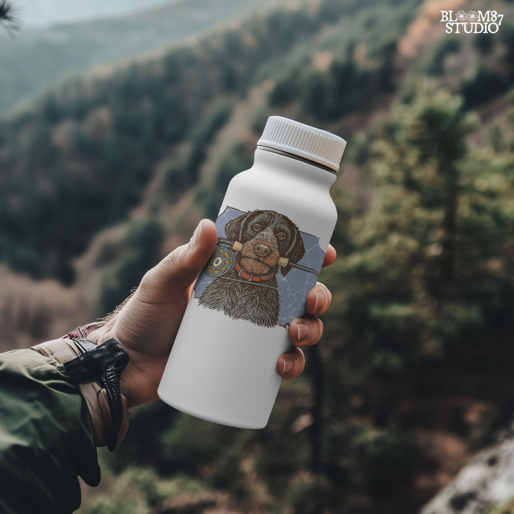 Vintage illustration of a German Wirehaired Pointer dog holding a fly fishing rod in its mouth, designed for sublimation and outdoor-themed projects.