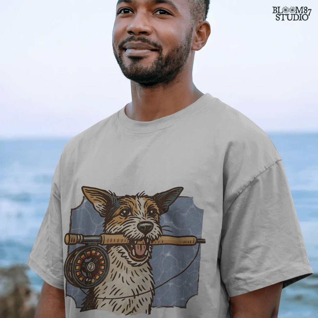 Hand-drawn Jack Russell Terrier holding a fly fishing rod in its mouth with a blue water background, designed for sublimation and outdoor-themed pet gifts.