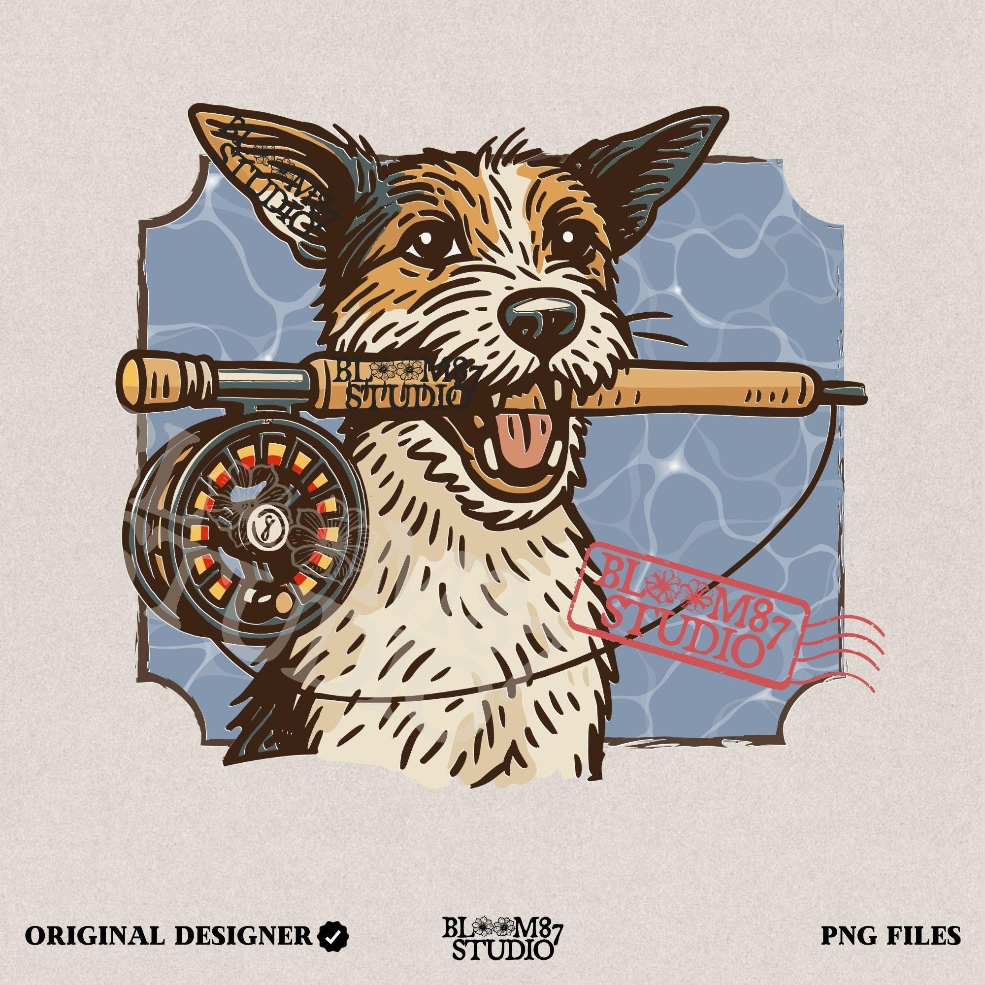 Hand-drawn Jack Russell Terrier holding a fly fishing rod in its mouth with a blue water background, designed for sublimation and outdoor-themed pet gifts.