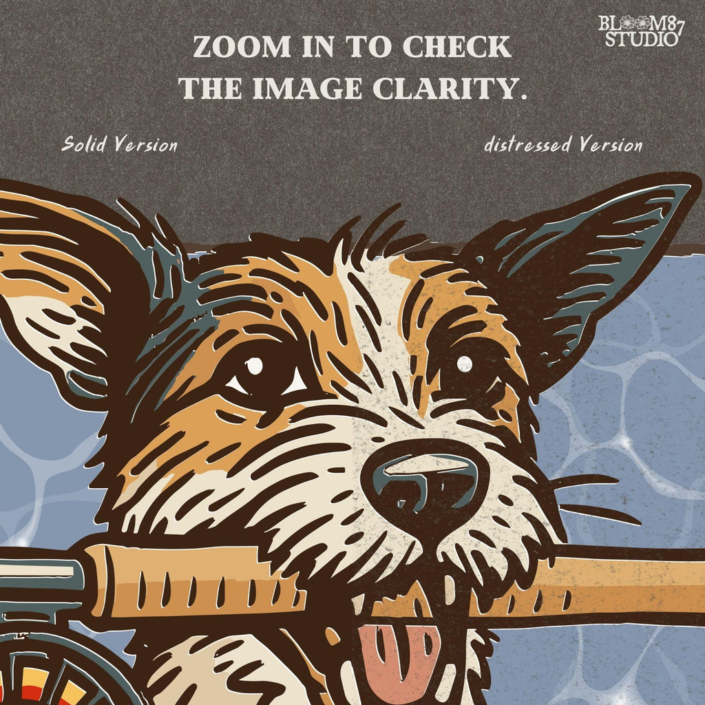 Hand-drawn Jack Russell Terrier holding a fly fishing rod in its mouth with a blue water background, designed for sublimation and outdoor-themed pet gifts.