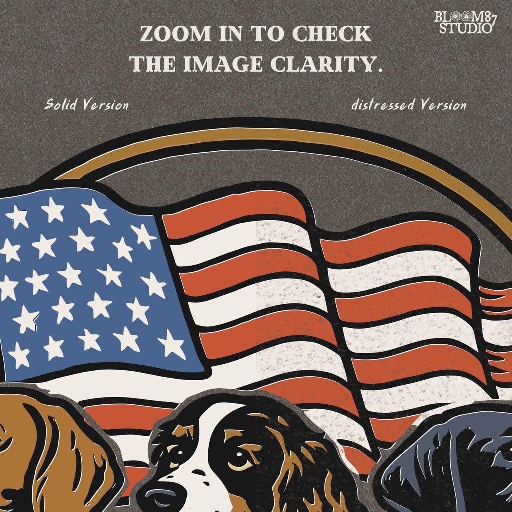 Illustration of three hunting dogs — Labrador, Spaniel, and Beagle — standing in front of a waving American flag, designed for patriotic dog lover sublimation projects.