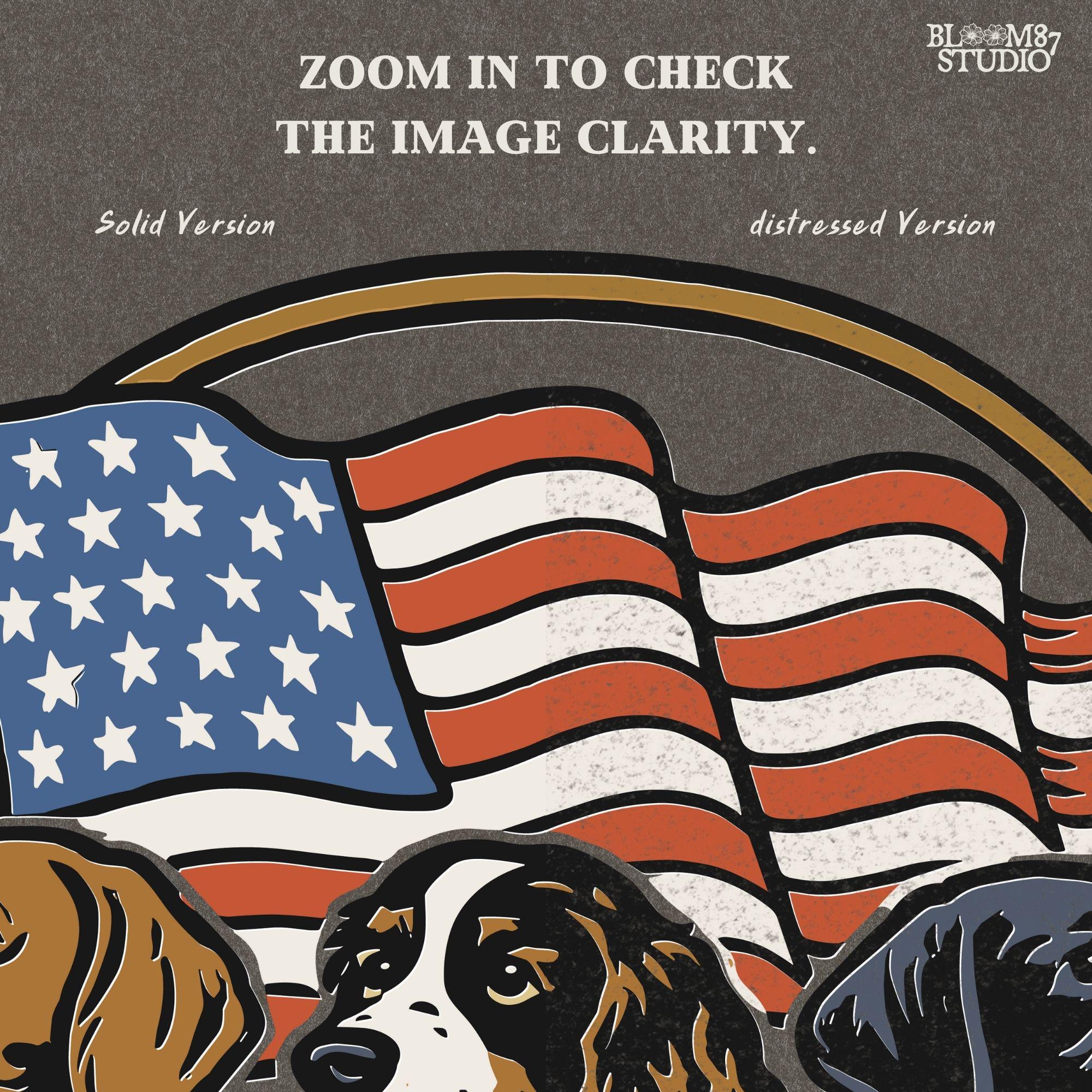 Illustration of three hunting dogs — Labrador, Spaniel, and Beagle — standing in front of a waving American flag, designed for patriotic dog lover sublimation projects.