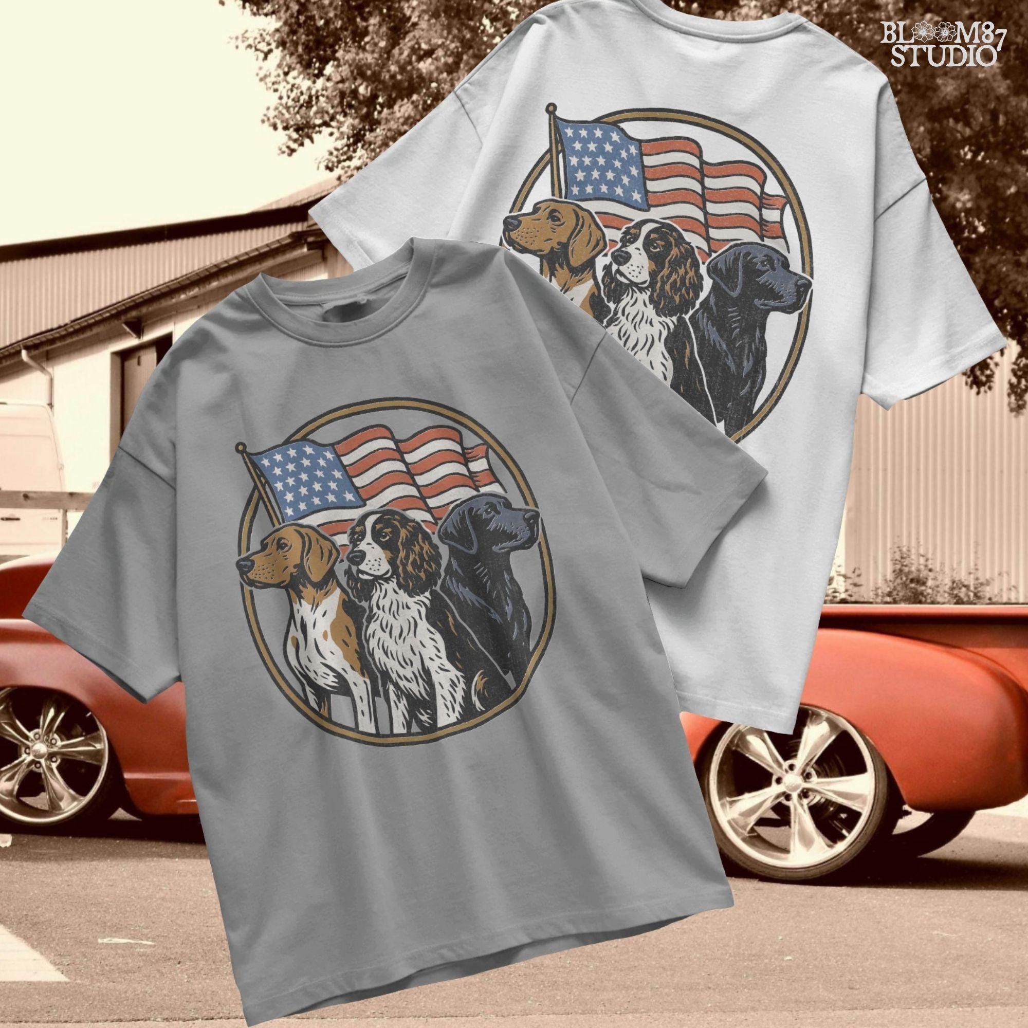 Illustration of three hunting dogs — Labrador, Spaniel, and Beagle — standing in front of a waving American flag, designed for patriotic dog lover sublimation projects.