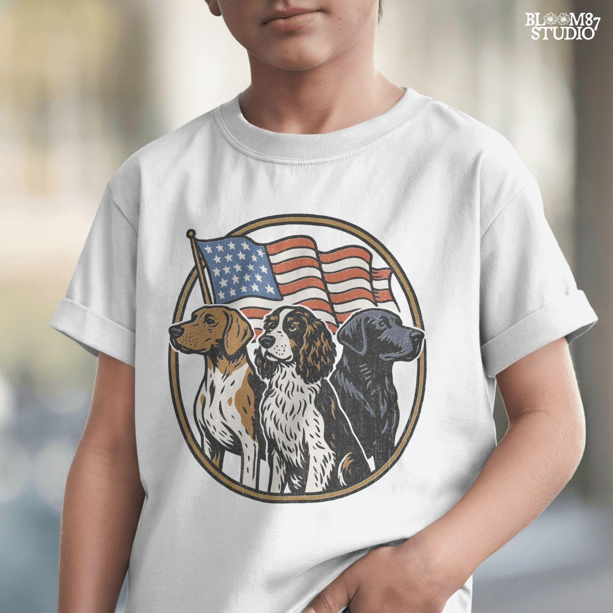 Illustration of three hunting dogs — Labrador, Spaniel, and Beagle — standing in front of a waving American flag, designed for patriotic dog lover sublimation projects.