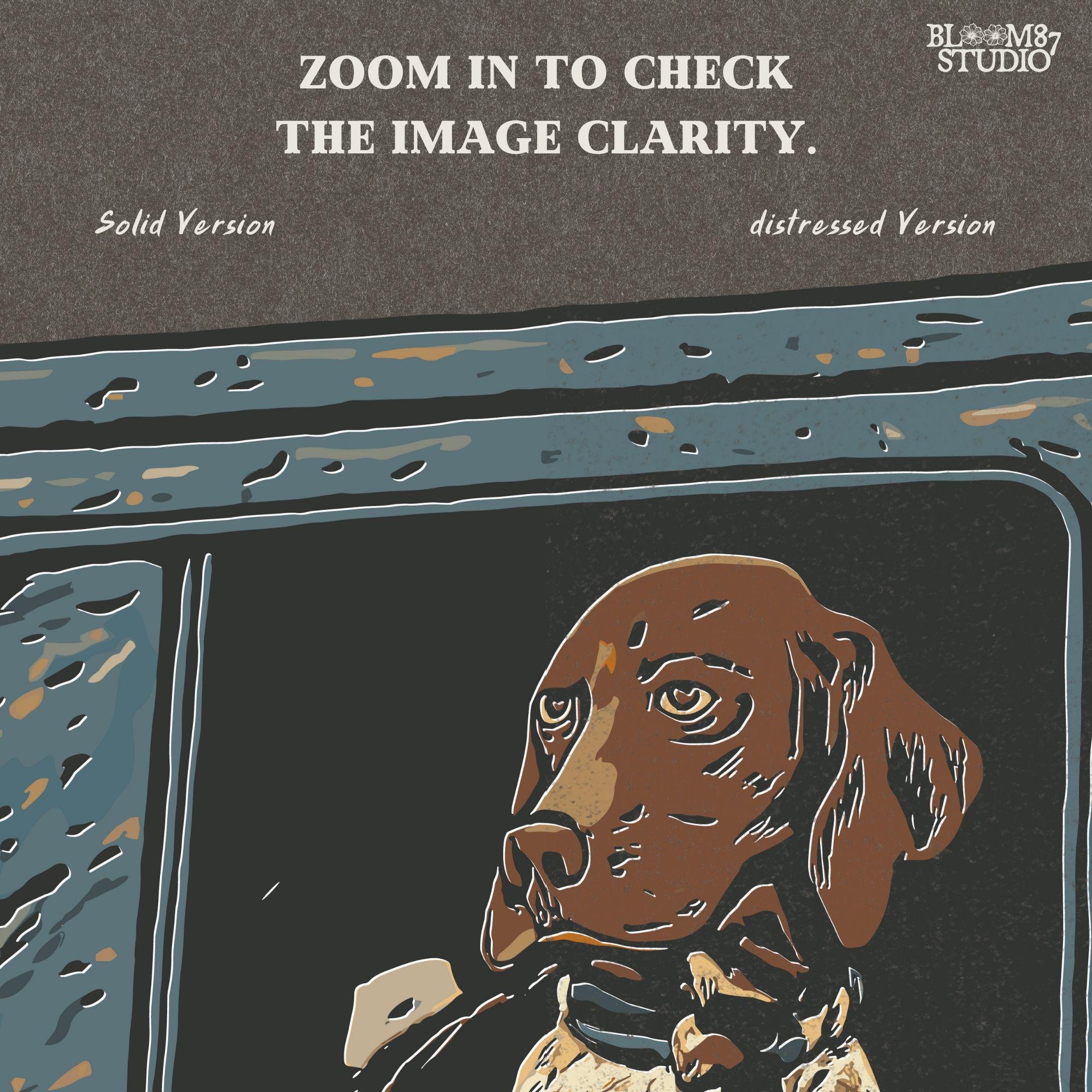 Rustic illustration of a German Shorthaired Pointer dog looking out from a muddy truck window, designed for sublimation and outdoor-themed pet decor.