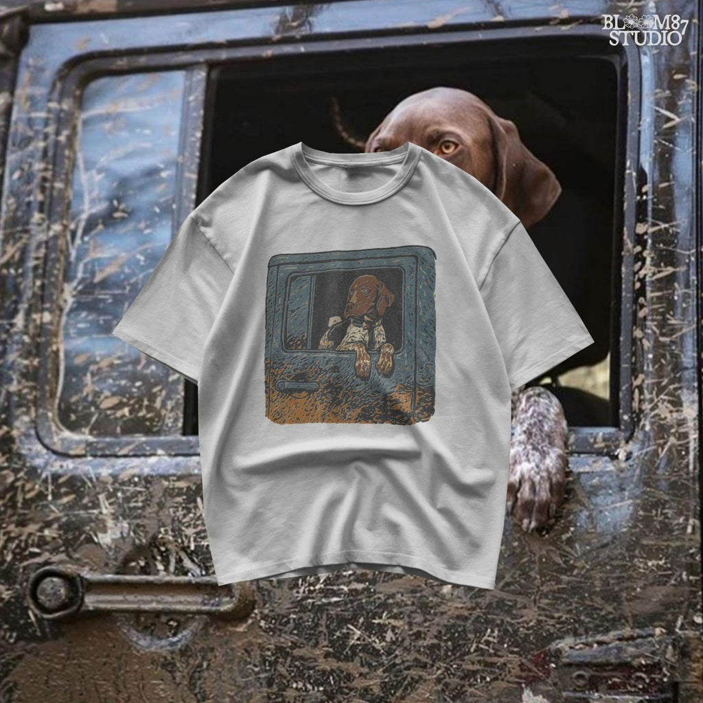 Rustic illustration of a German Shorthaired Pointer dog looking out from a muddy truck window, designed for sublimation and outdoor-themed pet decor.