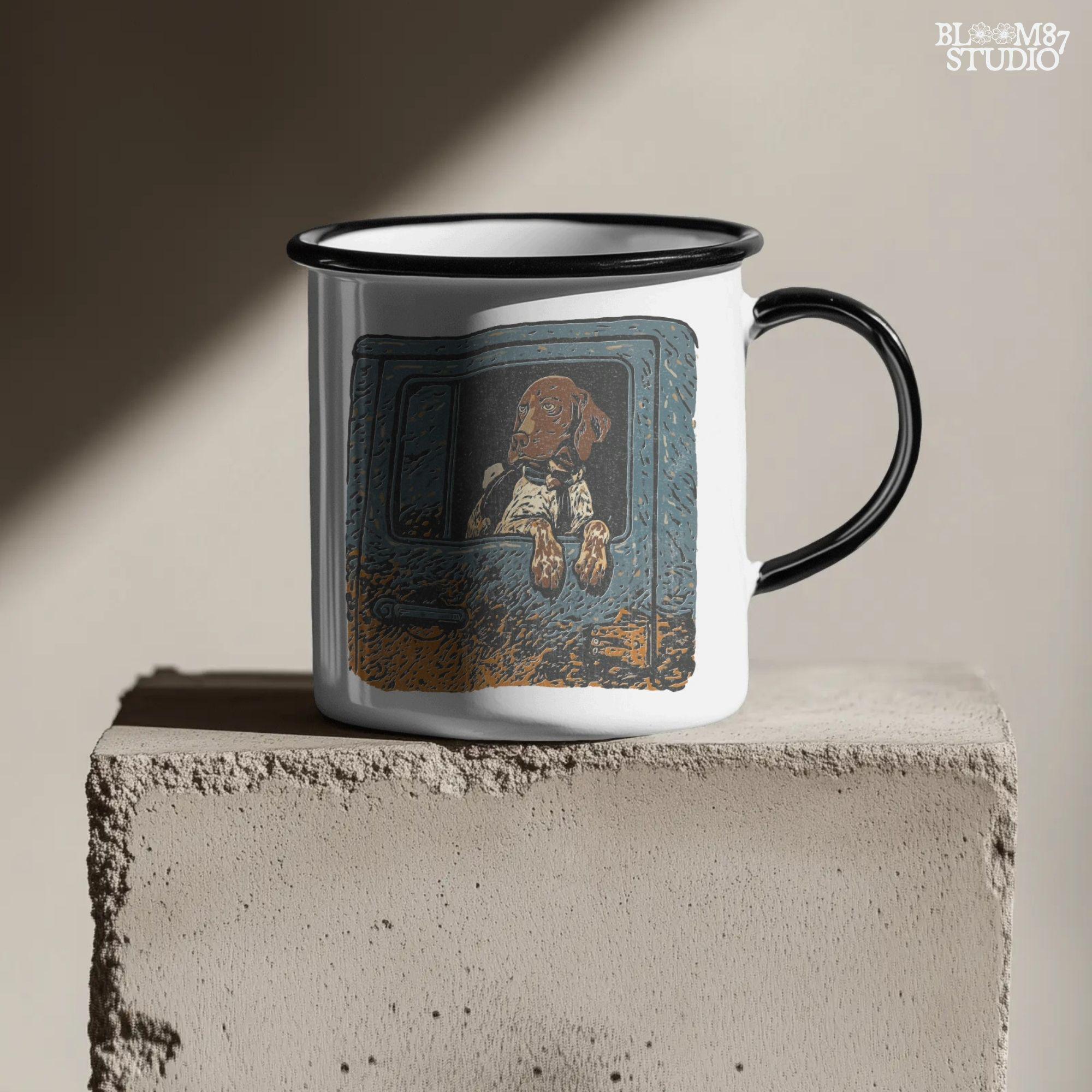 Rustic illustration of a German Shorthaired Pointer dog looking out from a muddy truck window, designed for sublimation and outdoor-themed pet decor.