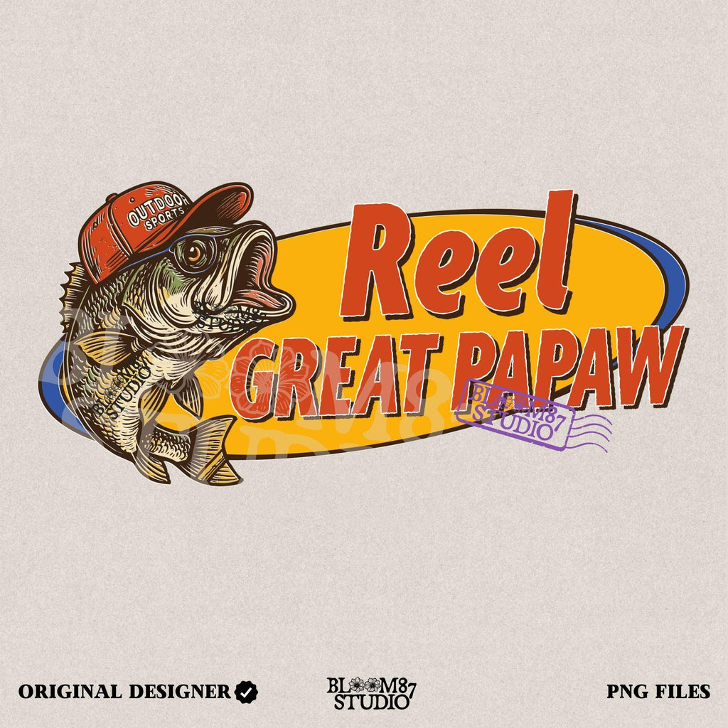 Vintage-style illustration of a bass fish wearing a red trucker hat with the phrase “Reel Great Papaw,” designed for sublimation and fishing-themed grandpa gifts.