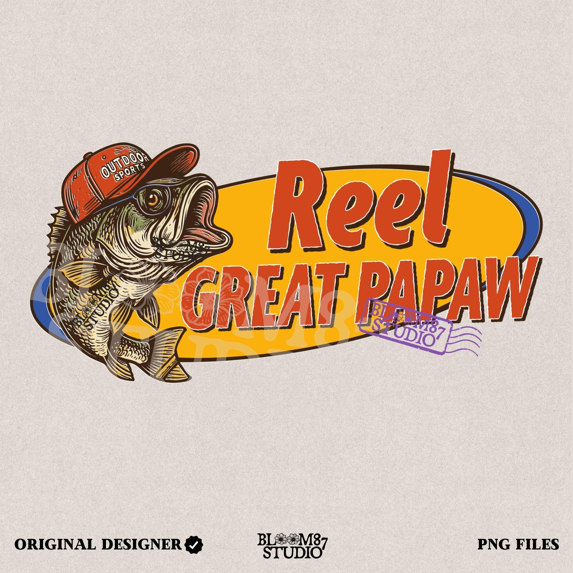 Vintage-style illustration of a bass fish wearing a red trucker hat with the phrase “Reel Great Papaw,” designed for sublimation and fishing-themed grandpa gifts.