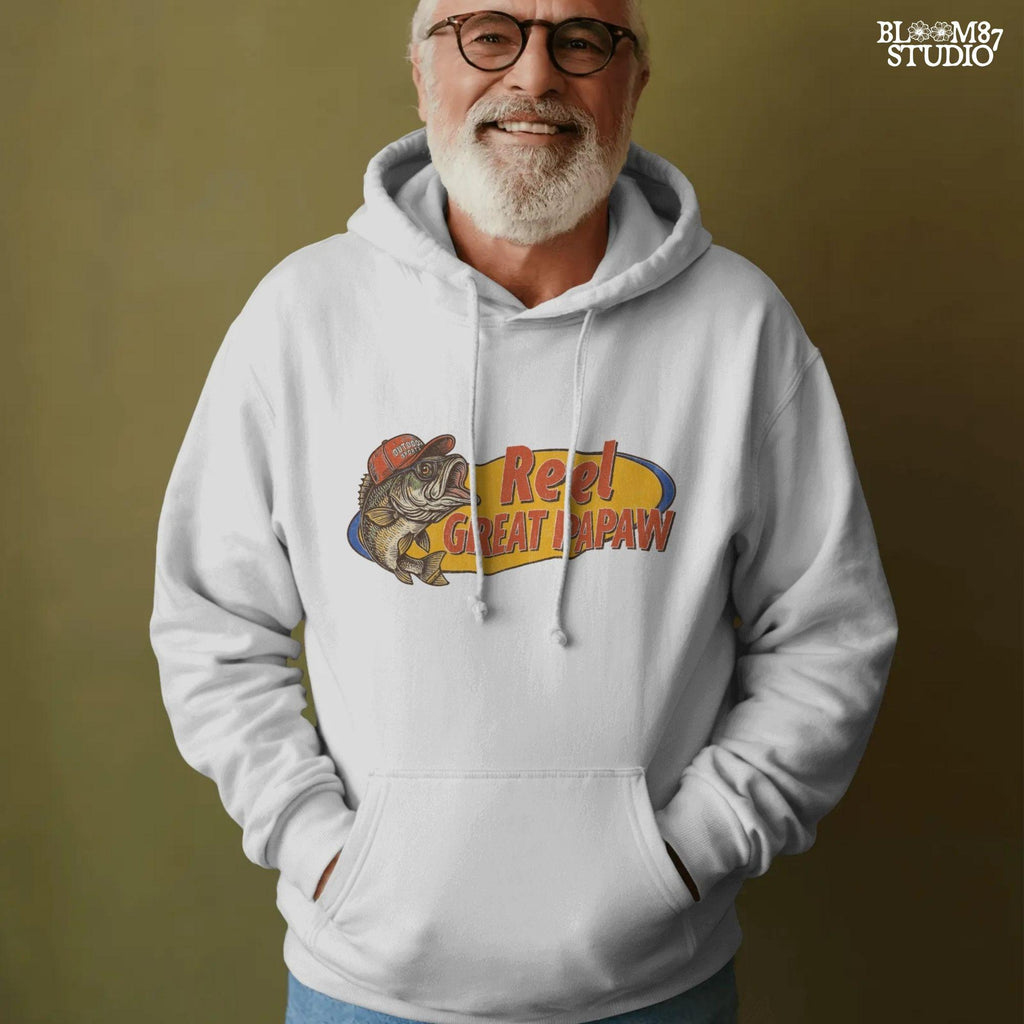 Vintage-style illustration of a bass fish wearing a red trucker hat with the phrase “Reel Great Papaw,” designed for sublimation and fishing-themed grandpa gifts.