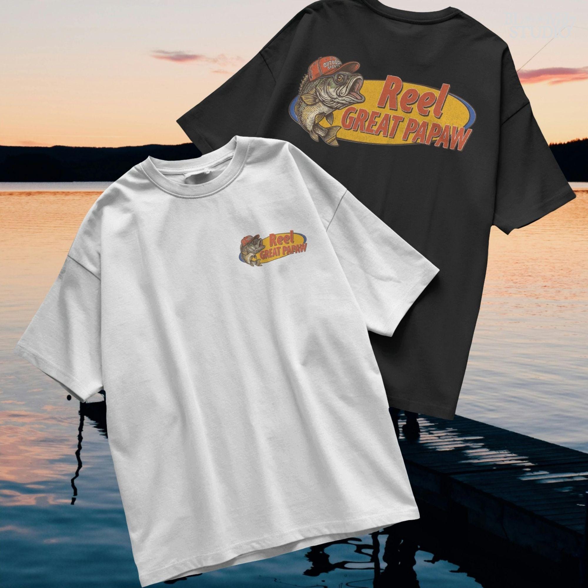 Vintage-style illustration of a bass fish wearing a red trucker hat with the phrase “Reel Great Papaw,” designed for sublimation and fishing-themed grandpa gifts.