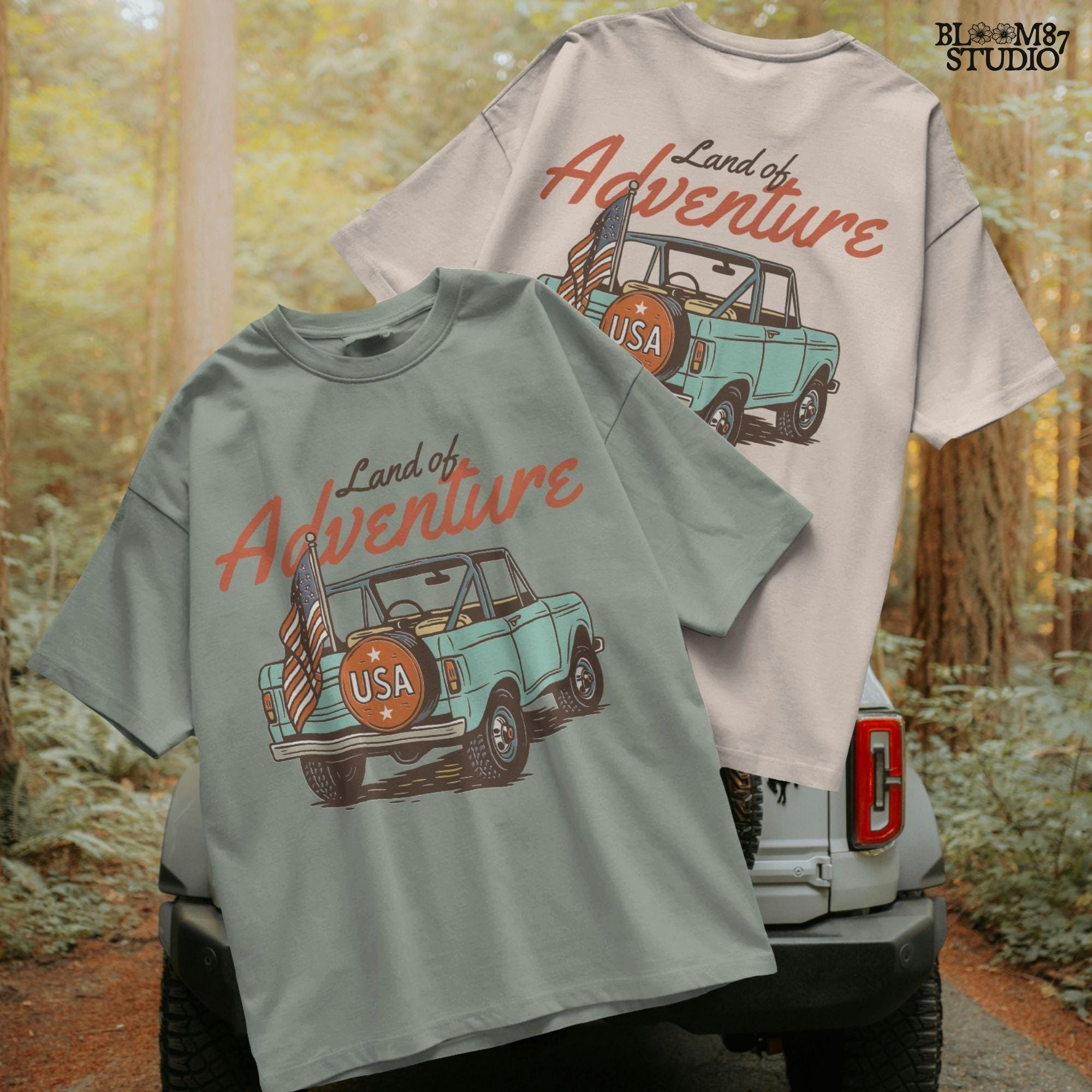 Vintage convertible truck with “USA” spare tire and American flag, text reads “Land of Adventure,” in a retro patriotic illustration style.