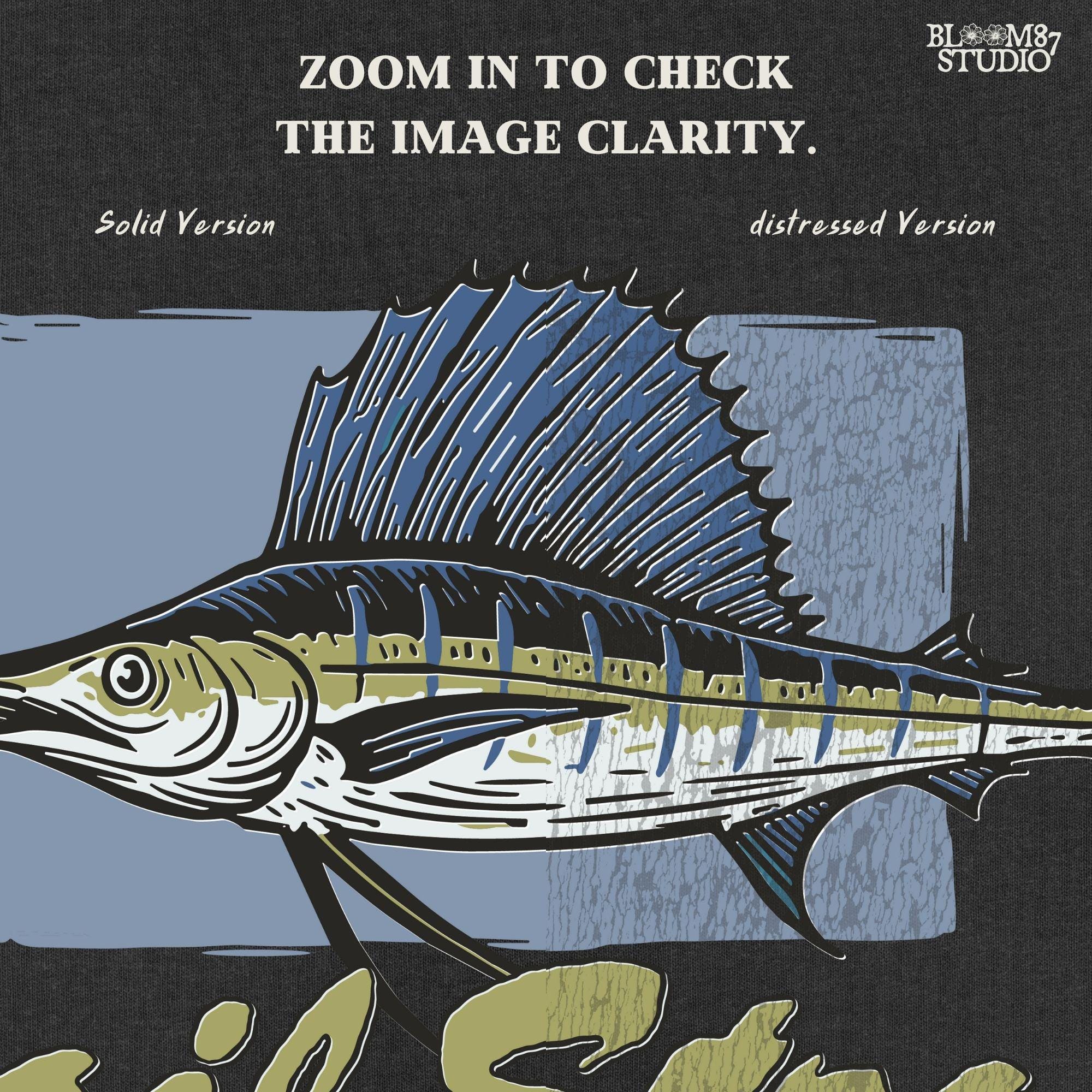 Illustrated sailfish with bold dorsal fin and text “Sail Strong – Speed is the style. Strike is the story” in nautical, vintage style.