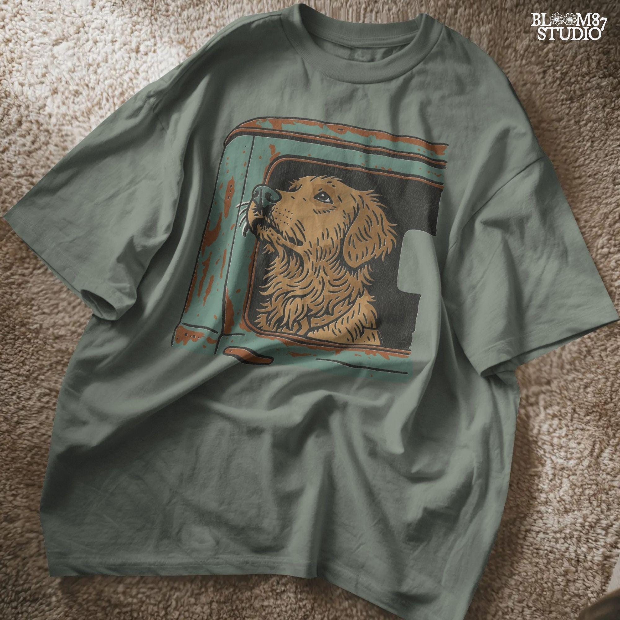 Vintage-style illustration of a golden retriever dog looking out the window of an old rusty green truck, ideal for country or pet-themed designs.