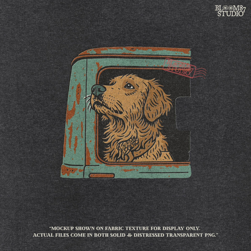 Vintage-style illustration of a golden retriever dog looking out the window of an old rusty green truck, ideal for country or pet-themed designs.