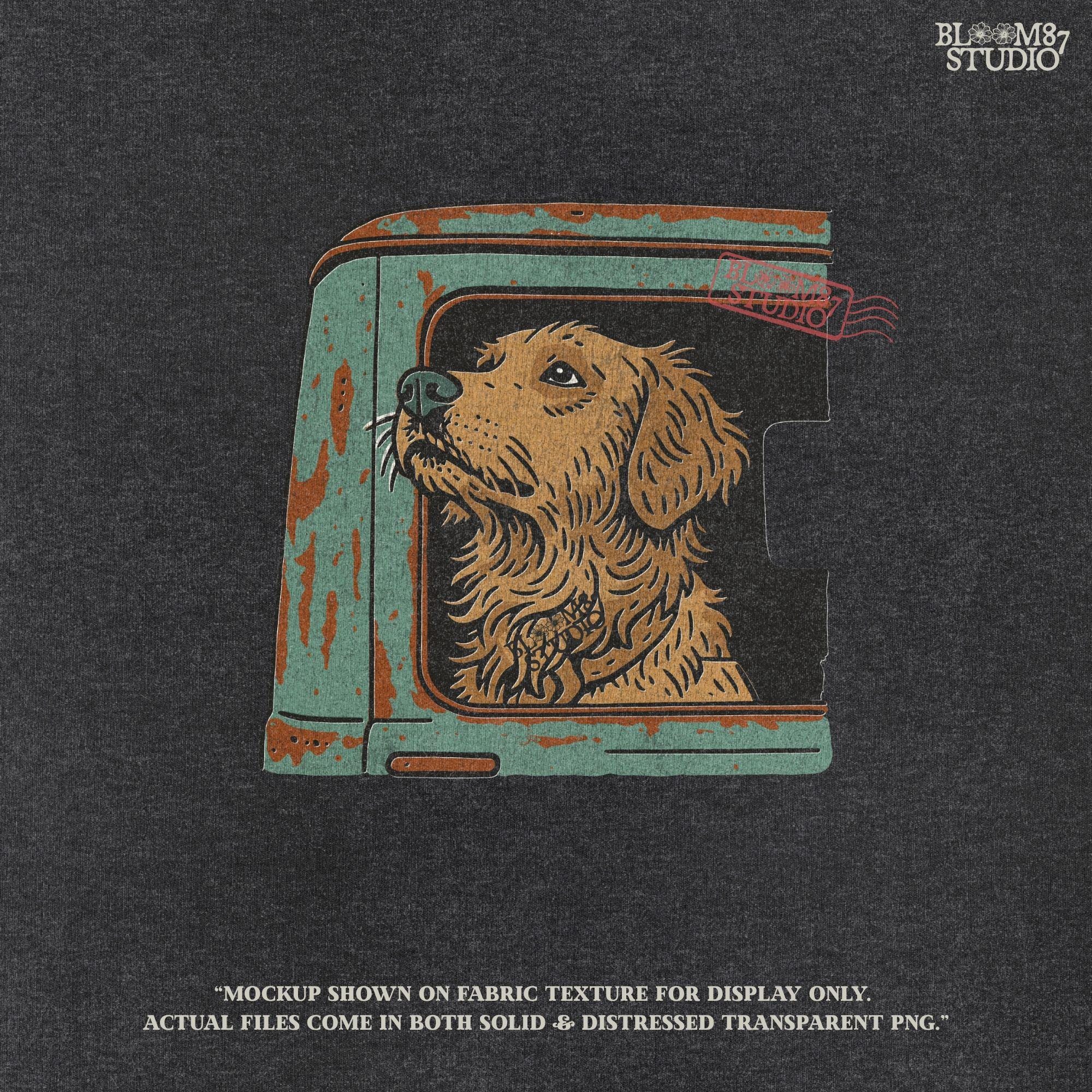 Vintage-style illustration of a golden retriever dog looking out the window of an old rusty green truck, ideal for country or pet-themed designs.