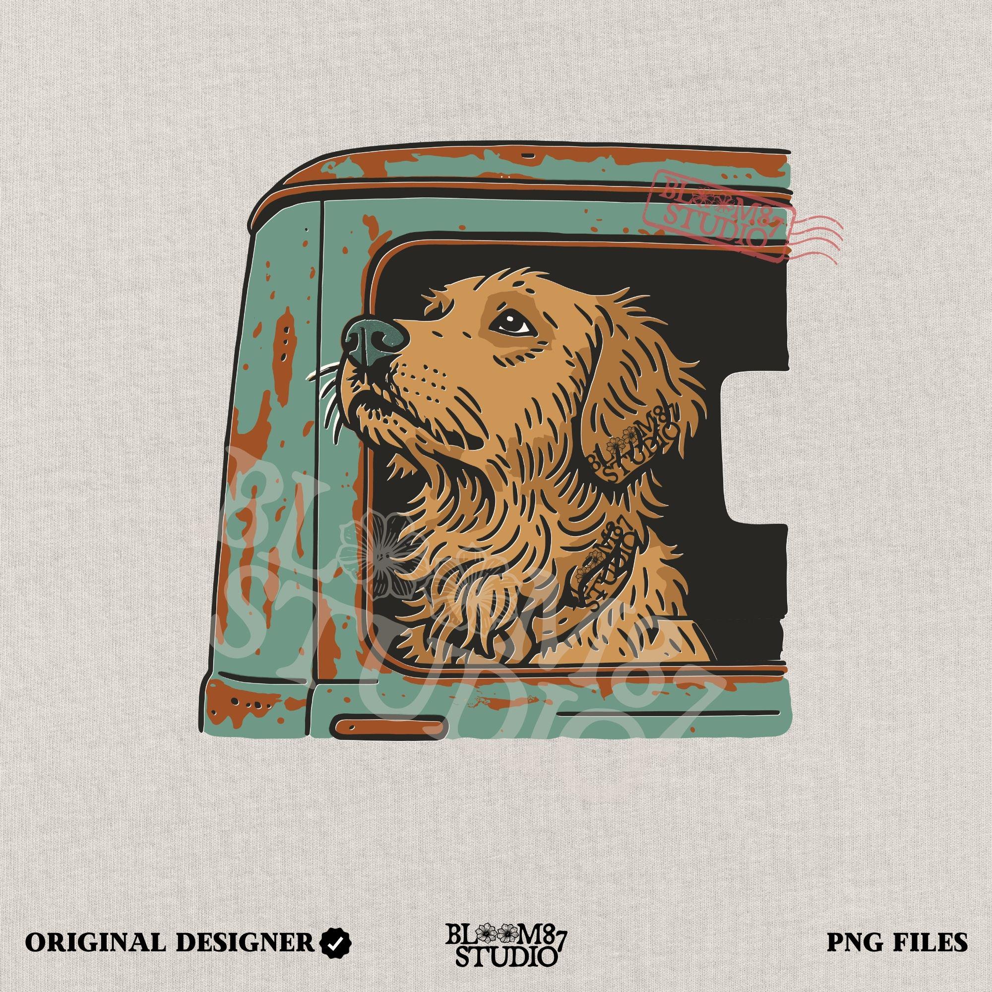 Vintage-style illustration of a golden retriever dog looking out the window of an old rusty green truck, ideal for country or pet-themed designs.