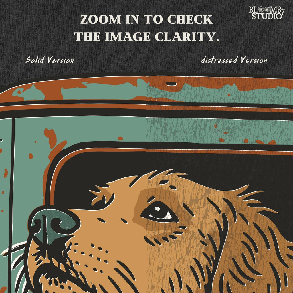 Vintage-style illustration of a golden retriever dog looking out the window of an old rusty green truck, ideal for country or pet-themed designs.