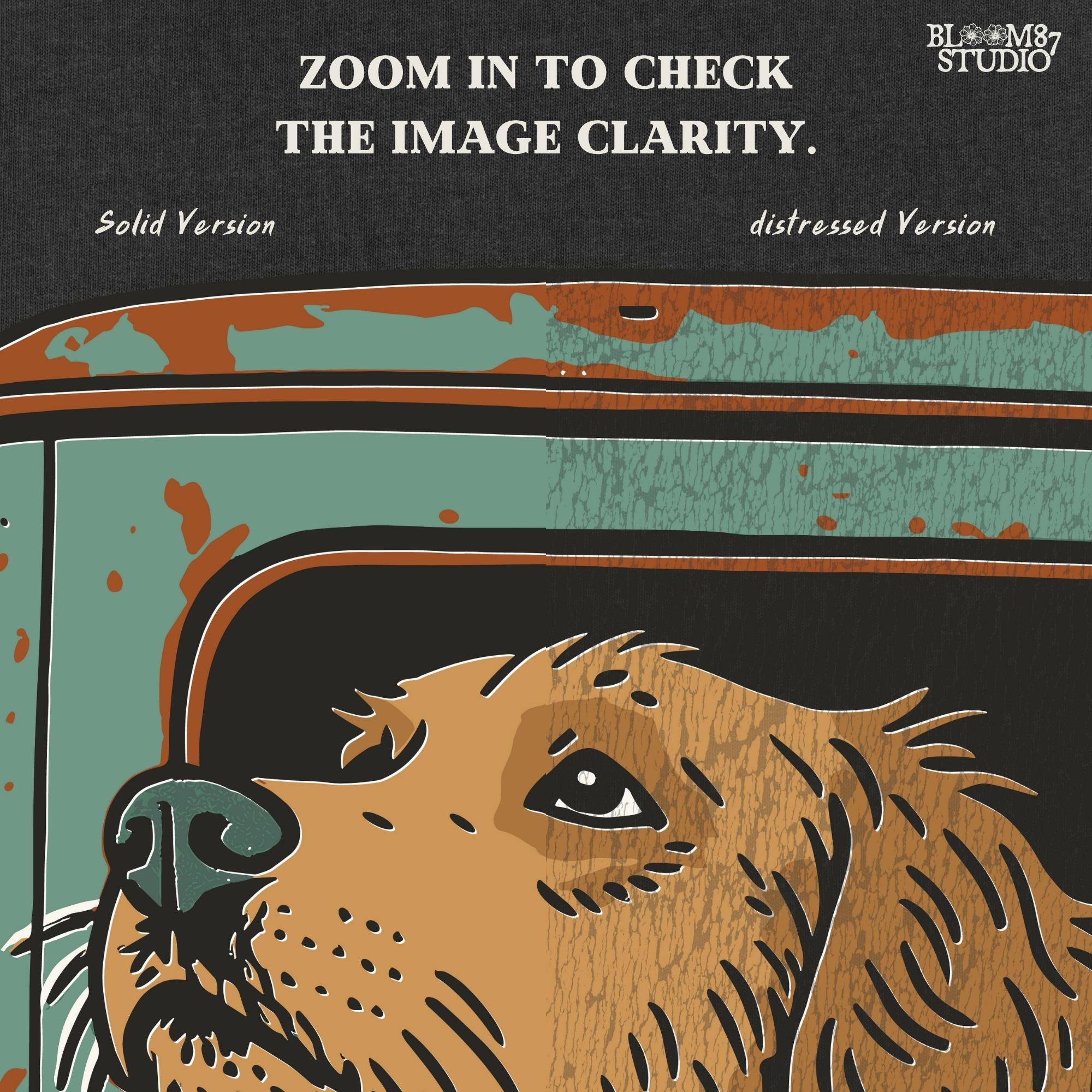Vintage-style illustration of a golden retriever dog looking out the window of an old rusty green truck, ideal for country or pet-themed designs.