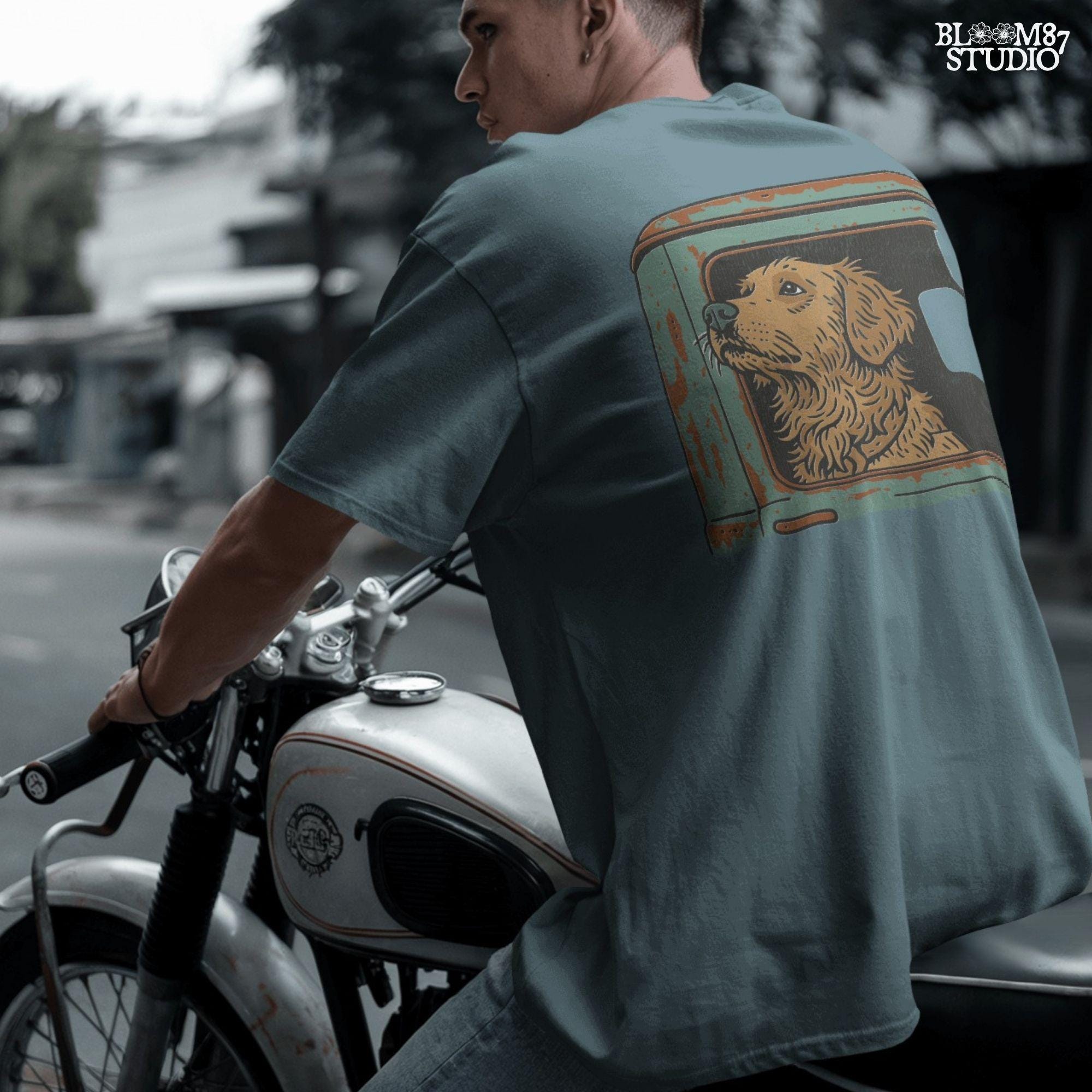 Vintage-style illustration of a golden retriever dog looking out the window of an old rusty green truck, ideal for country or pet-themed designs.