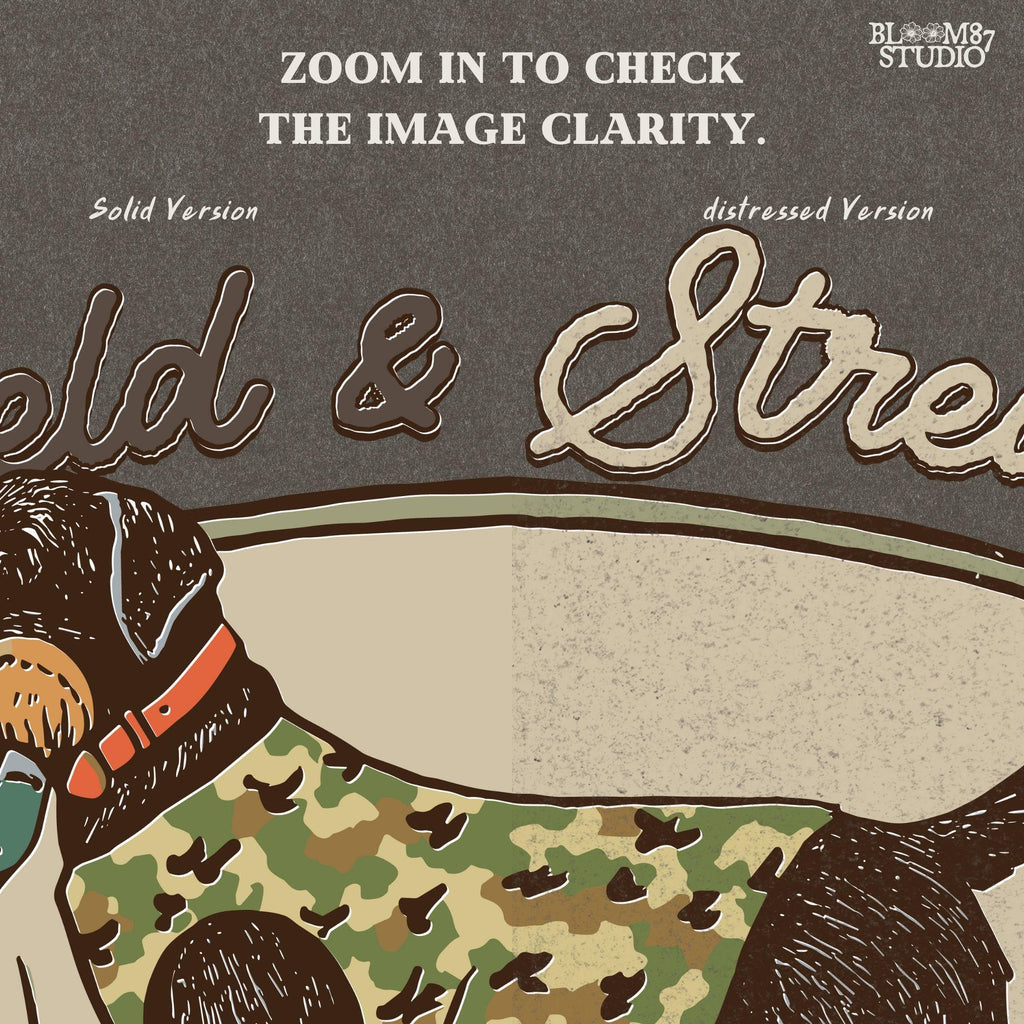 Vintage-style hunting club patch design featuring a black labrador in camo with a duck in its mouth, and the text “Field & Stream – County Hunting Club,” ideal for sublimation.