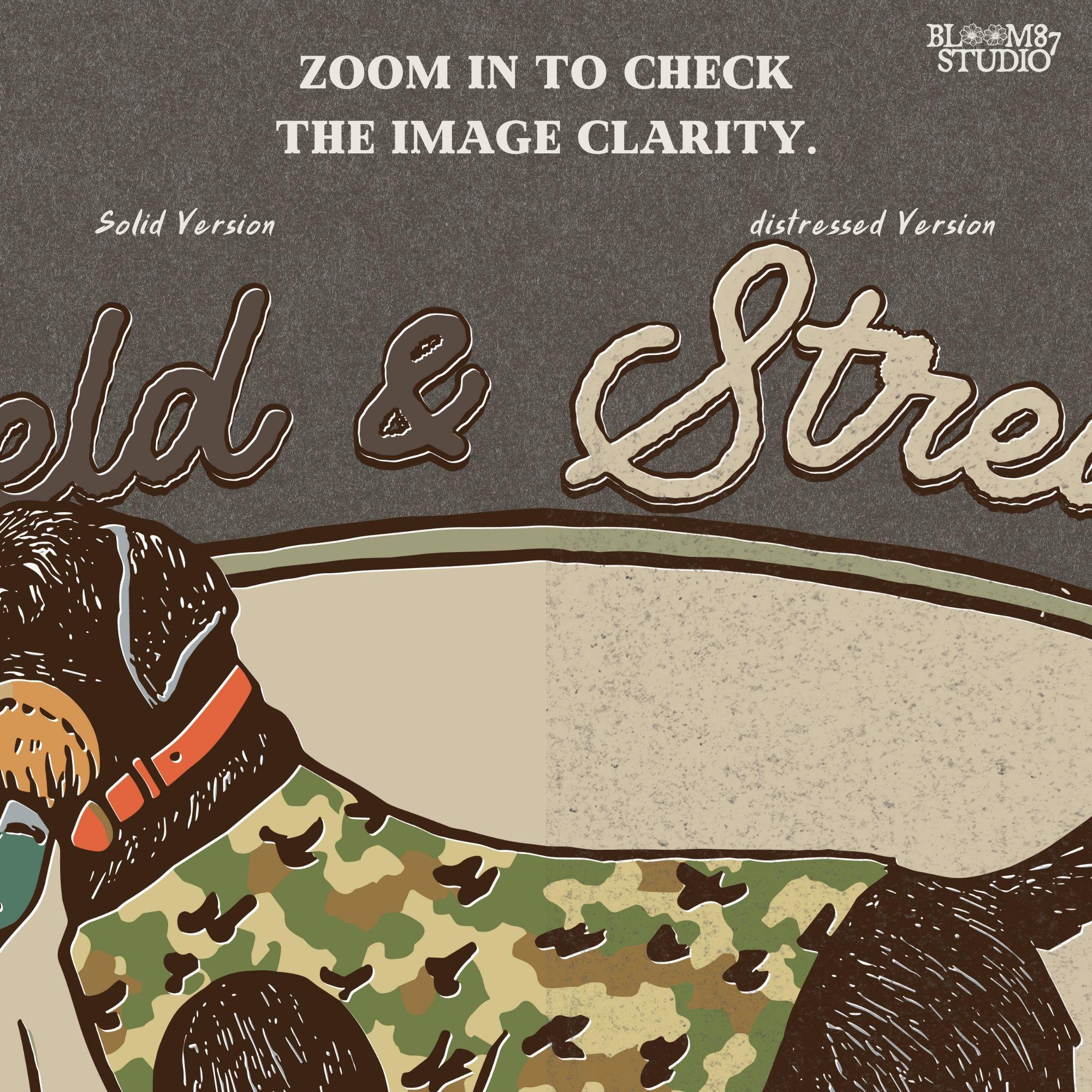 Vintage-style hunting club patch design featuring a black labrador in camo with a duck in its mouth, and the text “Field & Stream – County Hunting Club,” ideal for sublimation.