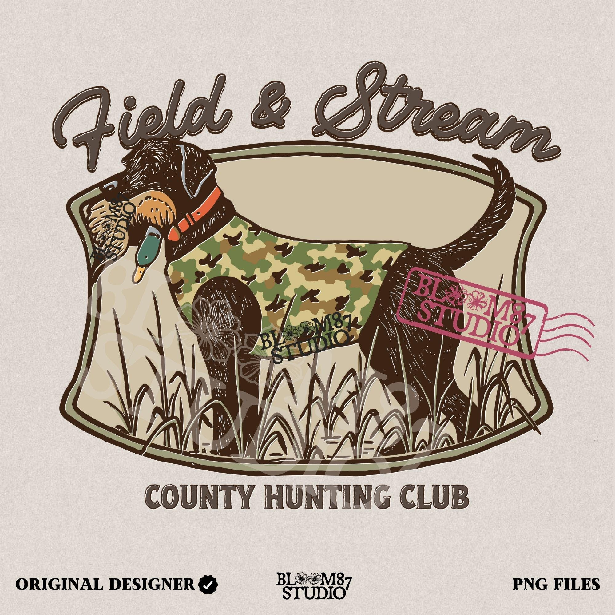 Vintage-style hunting club patch design featuring a black labrador in camo with a duck in its mouth, and the text “Field & Stream – County Hunting Club,” ideal for sublimation.