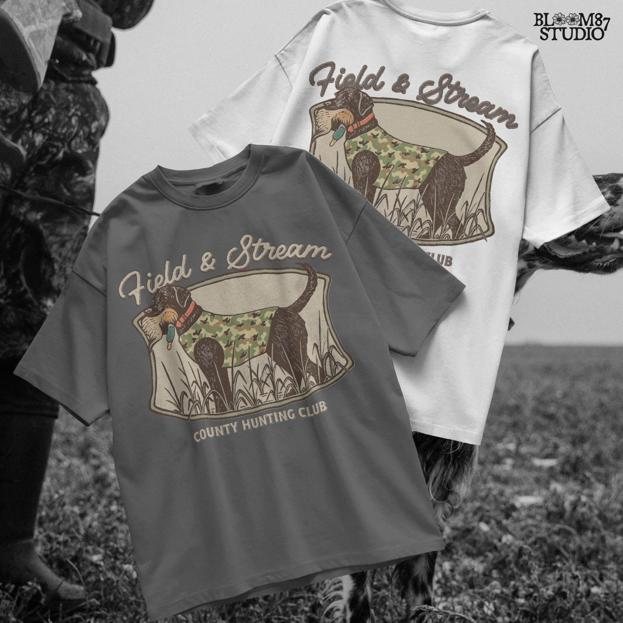 Vintage-style hunting club patch design featuring a black labrador in camo with a duck in its mouth, and the text “Field & Stream – County Hunting Club,” ideal for sublimation.