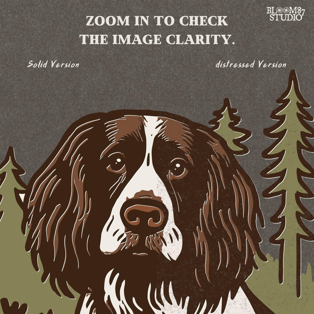 Illustration of a Springer Spaniel dog laying on a log in the woods with the words “Country Boy,” designed for rustic-themed sublimation and hunting dog lovers.