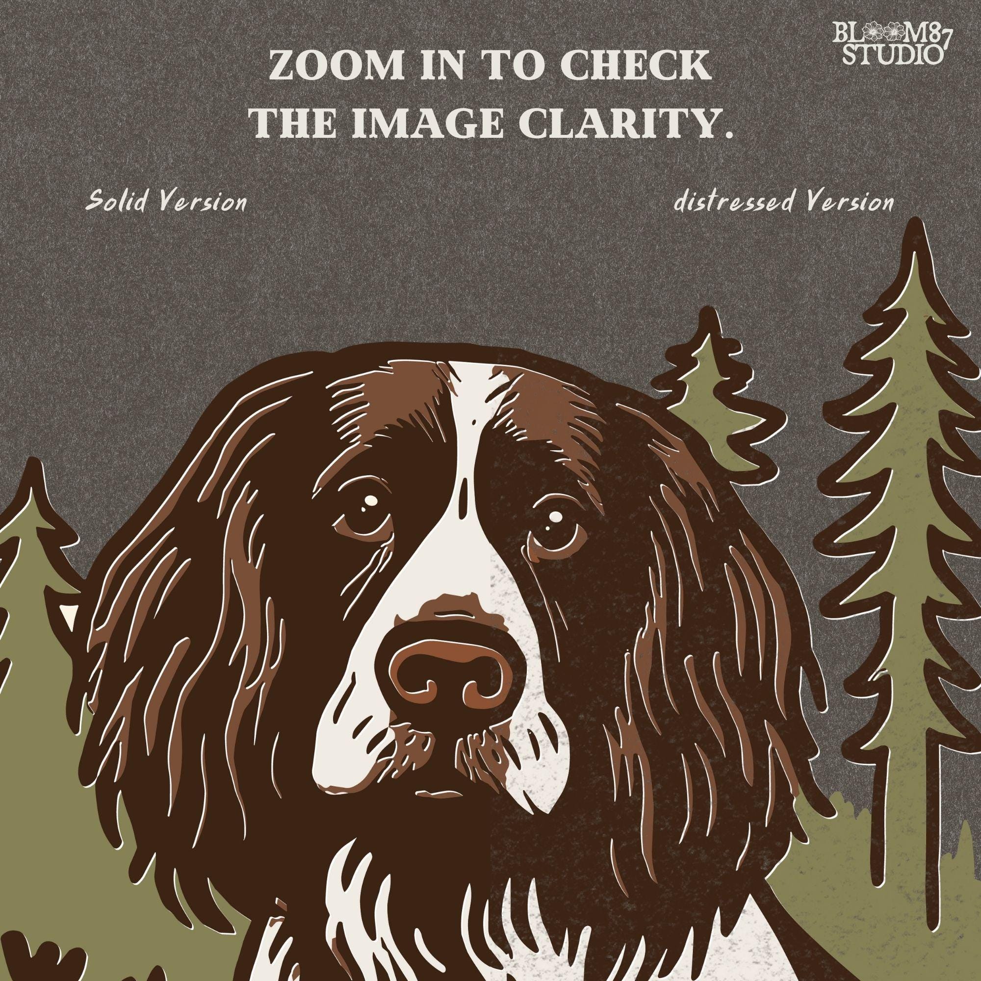 Illustration of a Springer Spaniel dog laying on a log in the woods with the words “Country Boy,” designed for rustic-themed sublimation and hunting dog lovers.