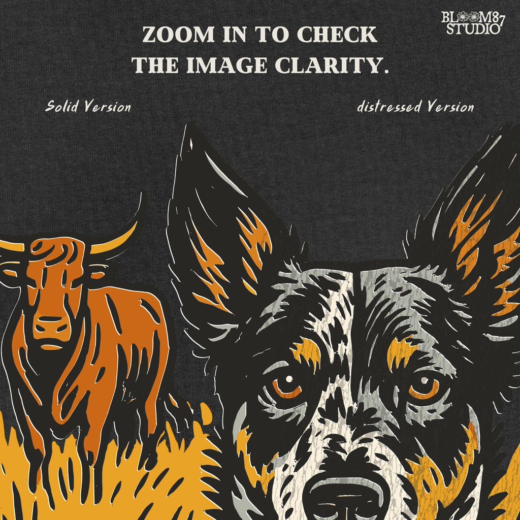 Vintage-style illustration of an Australian cattle dog sitting in a field with a longhorn cow behind, and the phrase “Ranch Dog – Born for cattle. Bound by grit.”