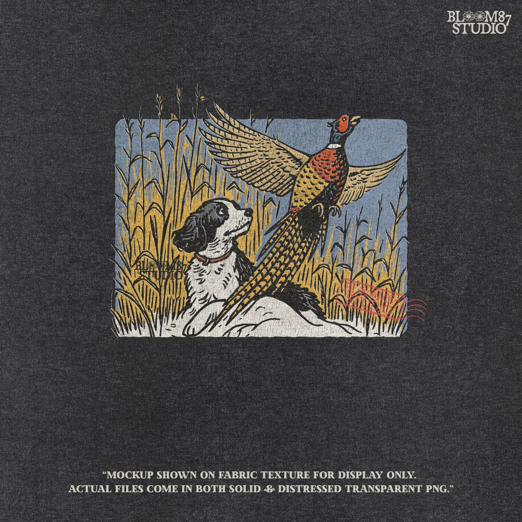 Vintage-style illustration of a black and white hunting dog watching a colorful pheasant take flight in a cornfield, designed for rustic outdoor themes.