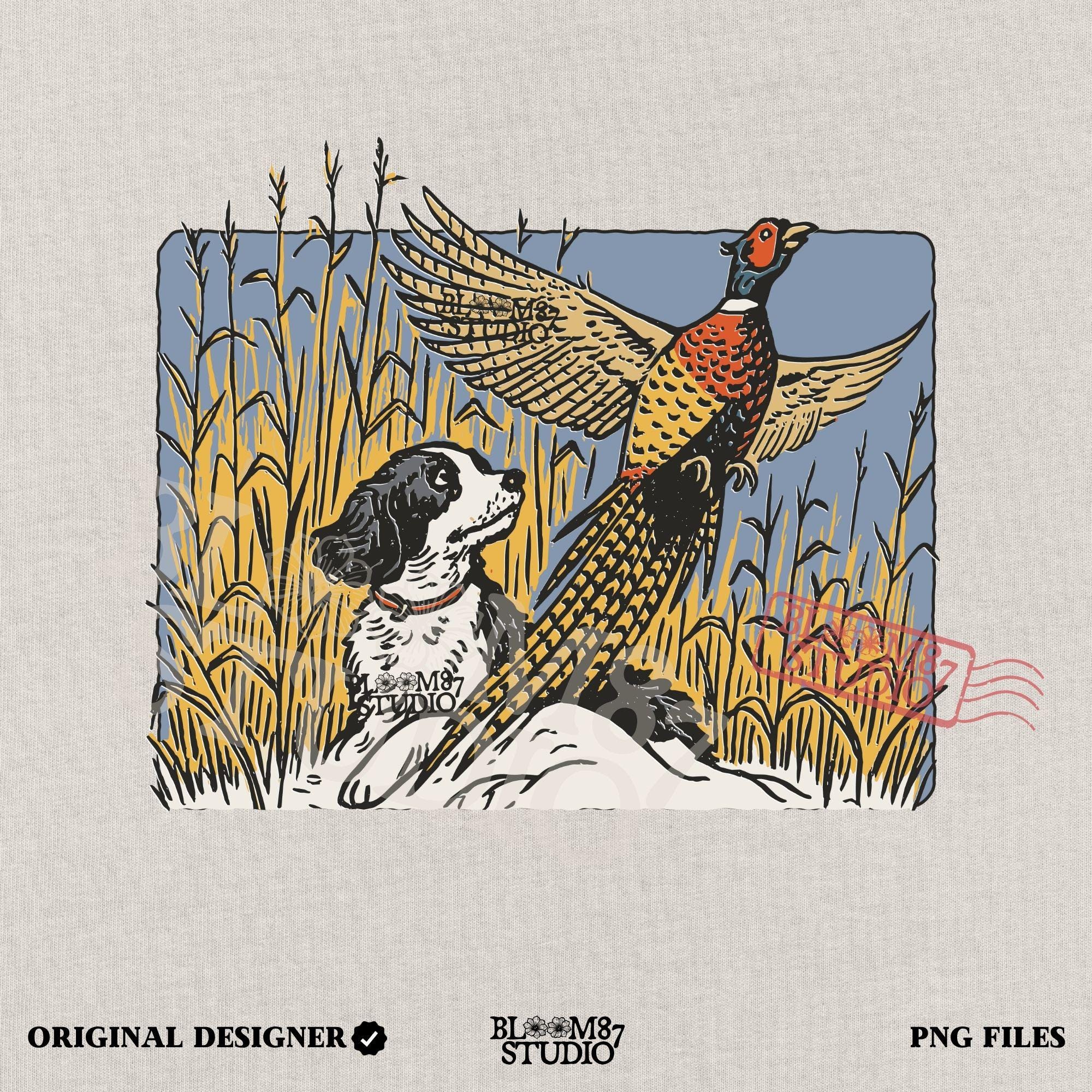 Vintage-style illustration of a black and white hunting dog watching a colorful pheasant take flight in a cornfield, designed for rustic outdoor themes.