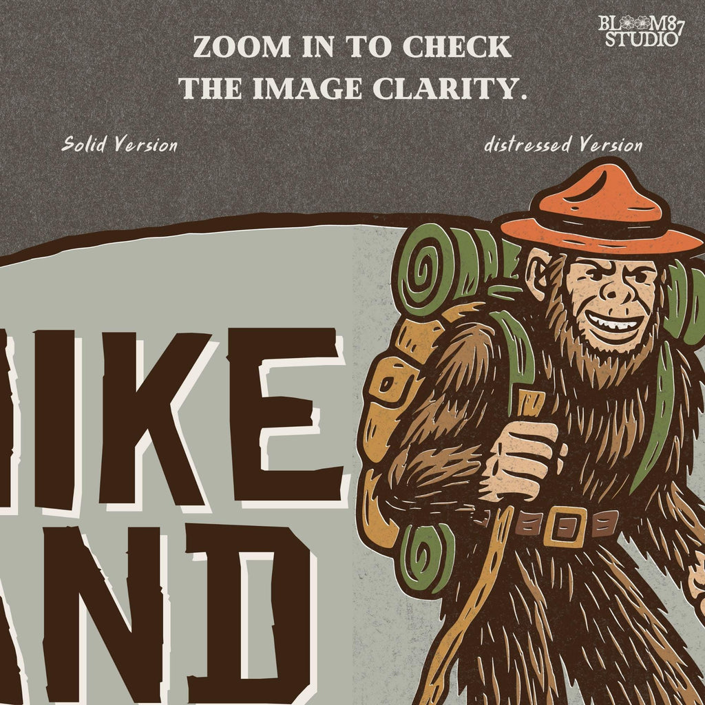 Illustration of a smiling Bigfoot wearing a ranger hat and hiking backpack with the phrase “Hike and Seek,” designed as a PNG for sublimation or print-on-demand products.