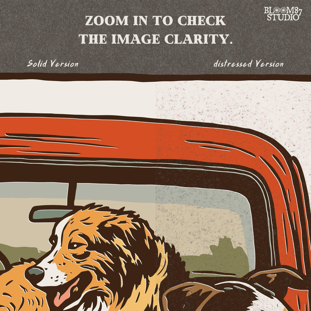 Vintage-style illustration of two dogs — an Australian Shepherd and a Cattle Dog — riding in the back of a red farm truck, designed for sublimation and rustic decor.