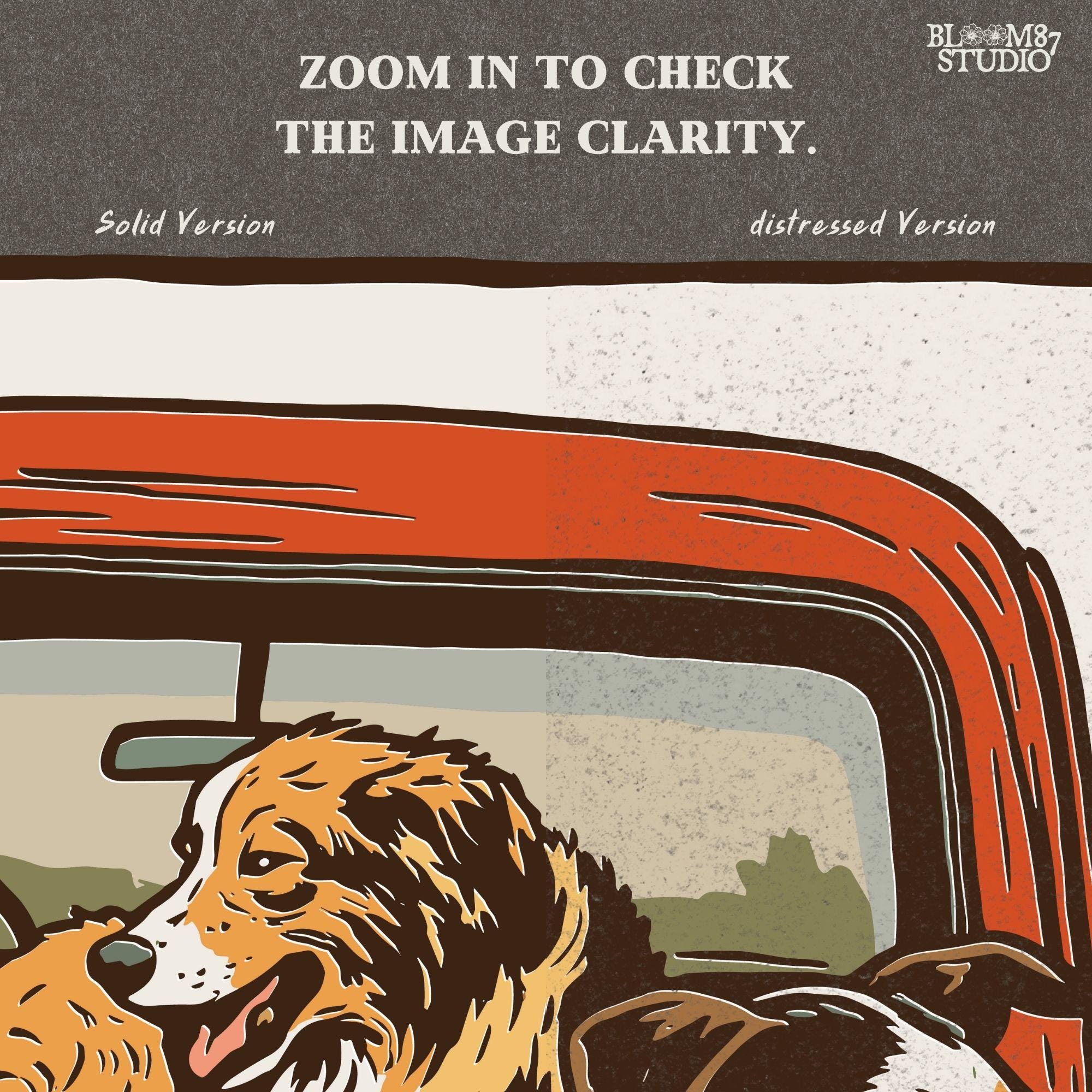 Vintage-style illustration of two dogs — an Australian Shepherd and a Cattle Dog — riding in the back of a red farm truck, designed for sublimation and rustic decor.