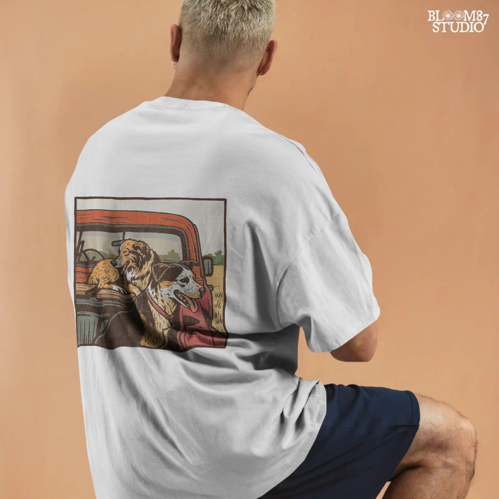 Vintage-style illustration of two dogs — an Australian Shepherd and a Cattle Dog — riding in the back of a red farm truck, designed for sublimation and rustic decor.