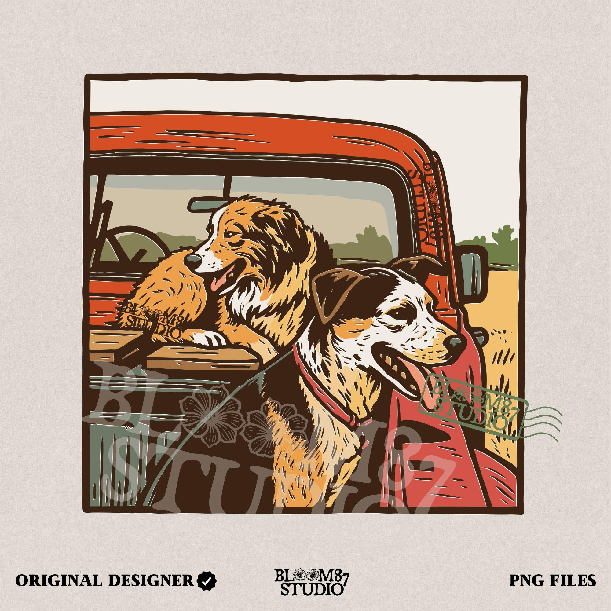 Vintage-style illustration of two dogs — an Australian Shepherd and a Cattle Dog — riding in the back of a red farm truck, designed for sublimation and rustic decor.