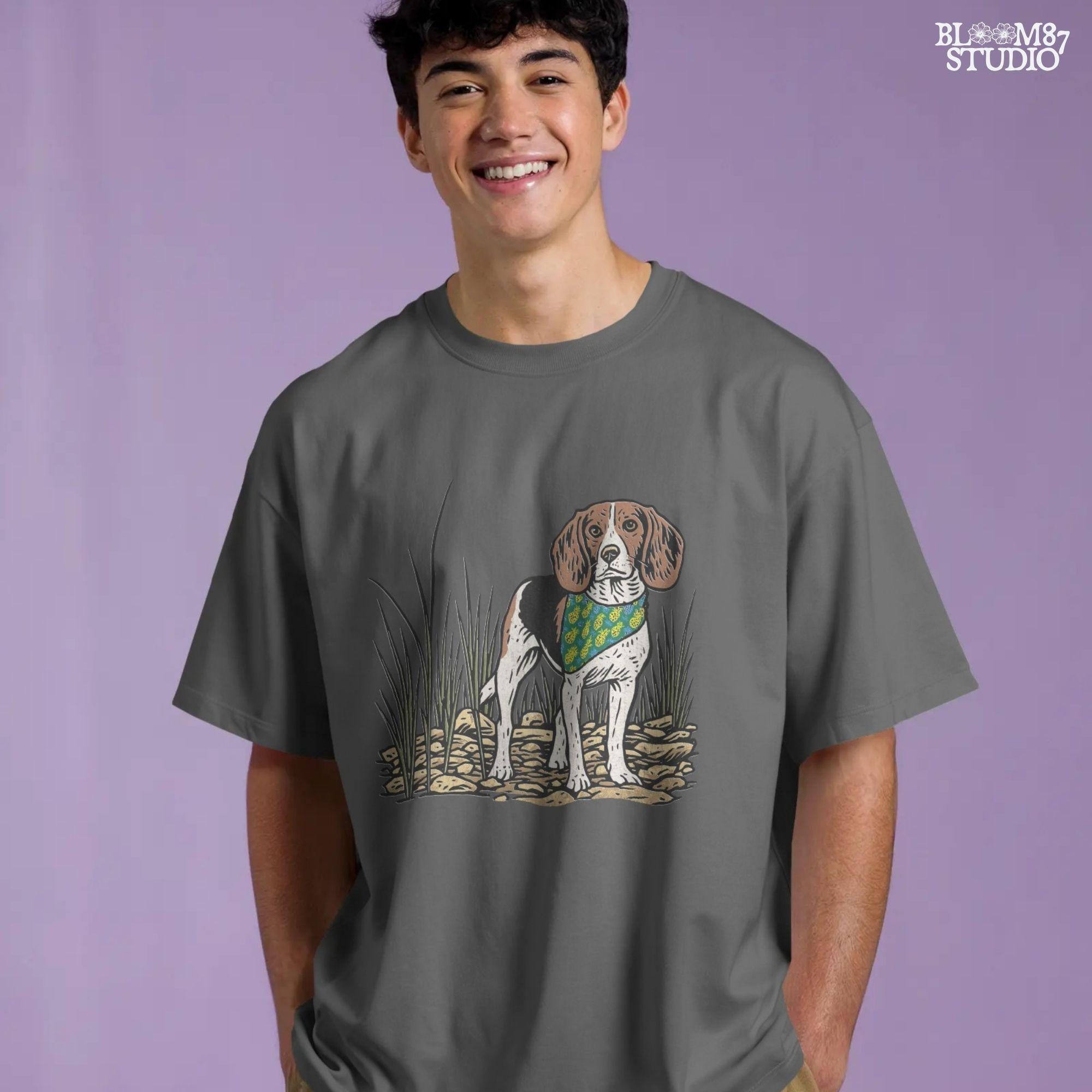 Hand-drawn beagle dog wearing a pineapple bandana, standing in a rocky grass field, designed for sublimation and pet lover gifts.